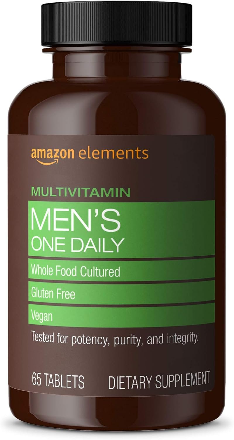 Amazon Basics Men’s One Daily Multivitamin, 62% Whole Food Cultured, Vegan, 65 Tablets, 2 month supply, Packaging May Vary (Previously Amazon Elements)
