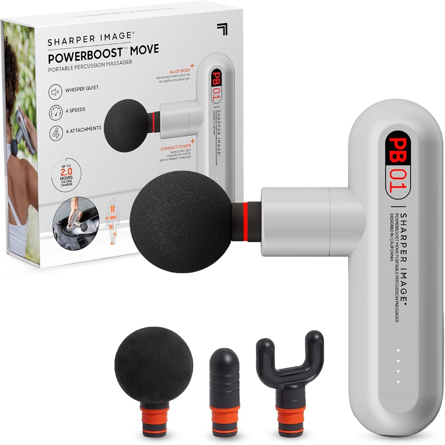 Sharper Image Powerboost Move – Mini Percussion Massage Gun| 4 Attachments, 4 Speeds, FSA Eligible| Full Body Back & Shoulder Massager| Deep Tissue Muscle Recovery| Portable Pain Relief Massage Tool