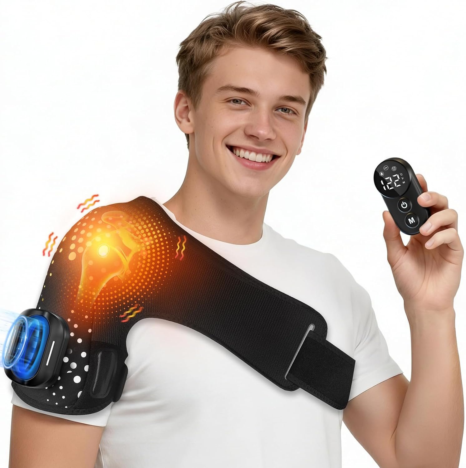 WNH Cordless Shoulder Heating Pad with Massage 5 Heat & Vibration Modes | Shoulder Heating Pad Detachable Remote Control 3 Auto Shut-Off Timer, Adjustable Portable Heated Shoulder Brace for Men Women