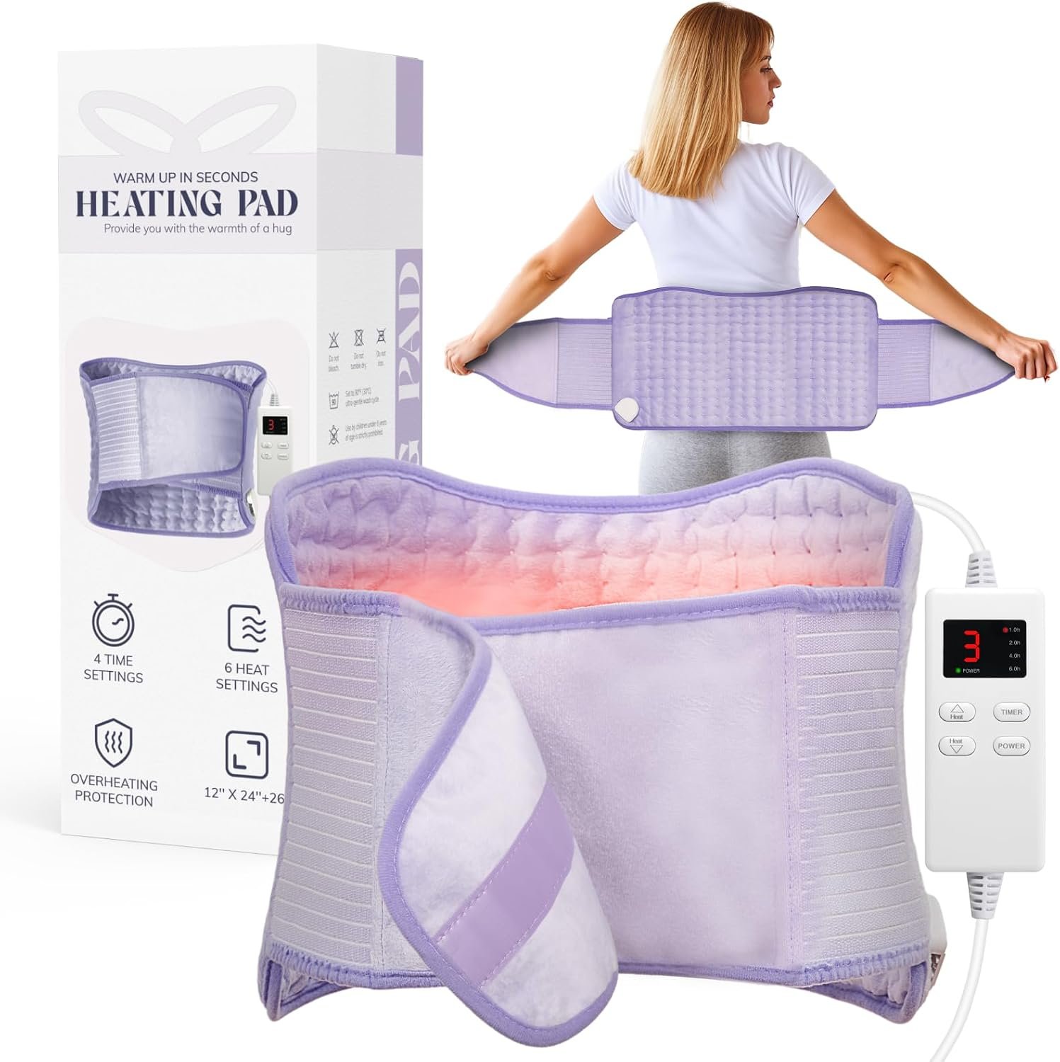 Heating Pad for Period Cramps, Upgraded Wrap Heating Pad for Back Pain Relief, Large 12”x 24”Heat Pad +26″ Belt Adjustable 4 Timer 6 Heat Level Auto Shut Off, Christmas Birthday Gifts for Women Mom