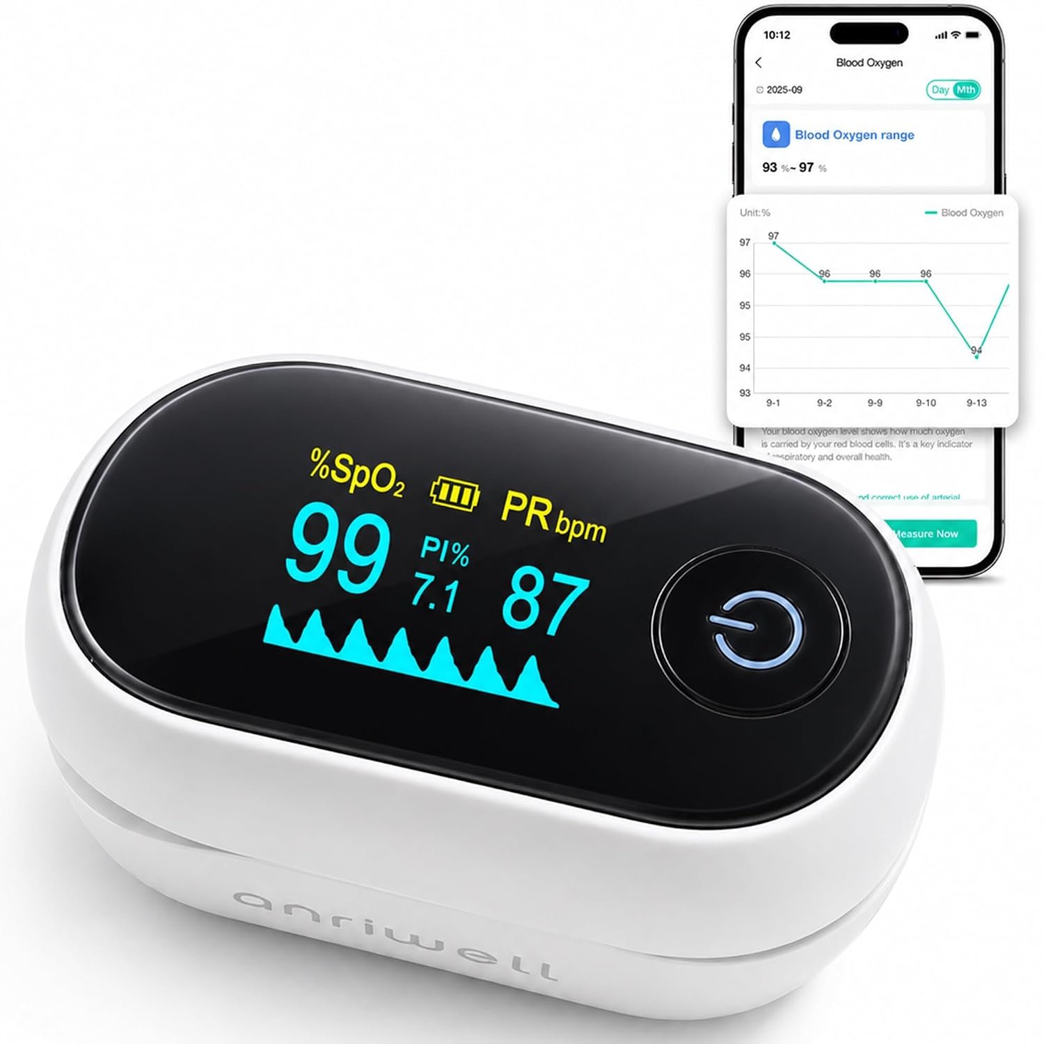 Fingertip Pulse Oximeter with Bluetooth App Blood Oxygen Tracking | Blood Oxygen Monitor with SpO2, PR, PI and Pulse Waveform Display, Trend Reports, Multi-User Remote Care for Family Wellness