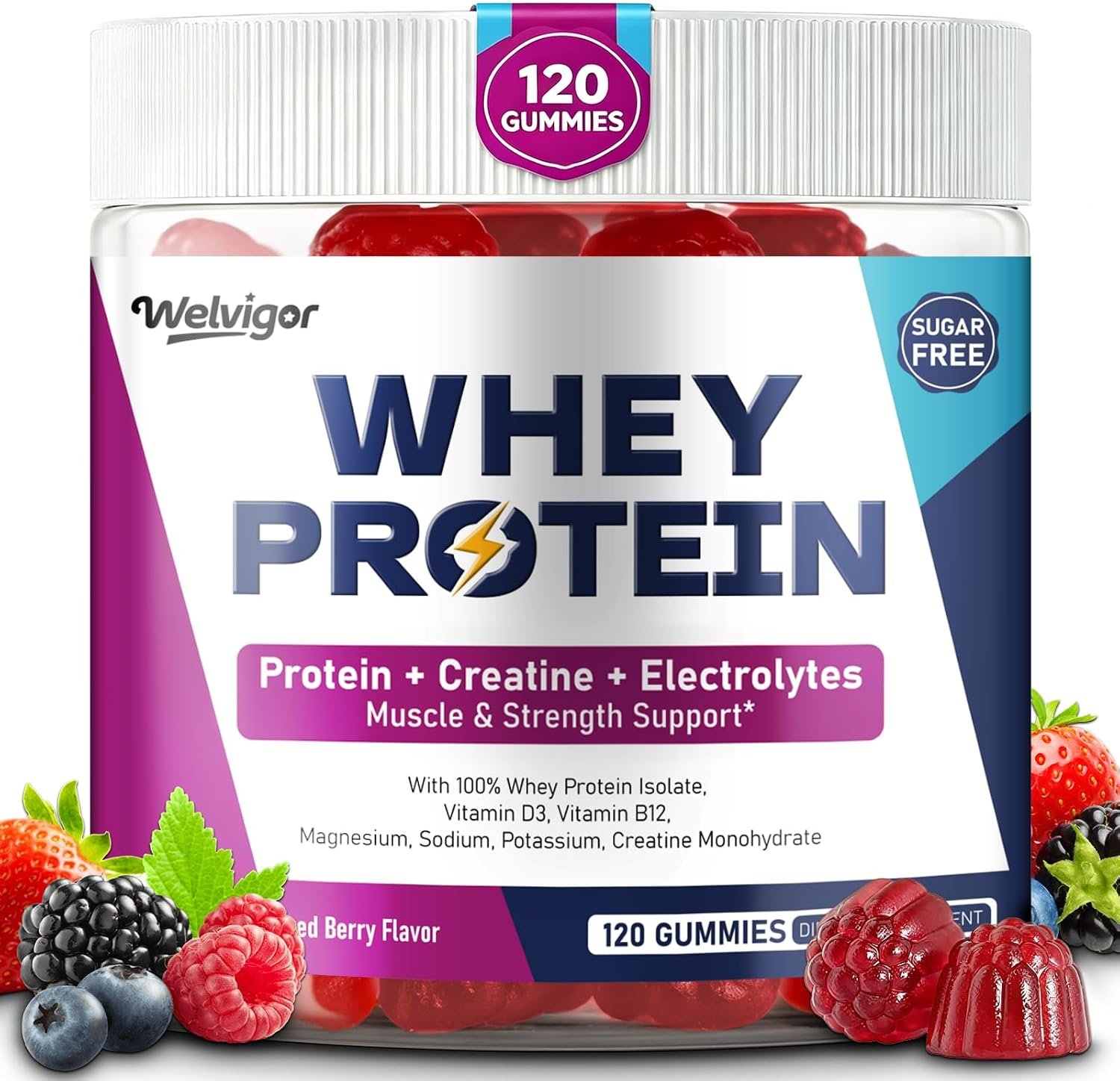 3-in-1 Whey Protein Gummies: 10g Isolate, Creatine & Electrolytes | Power, Recovery, Hydration, 0 Sugar Keto Pre Post Workout for Men & Women, Energy Boost On-the-Go Fitness, 120 Count