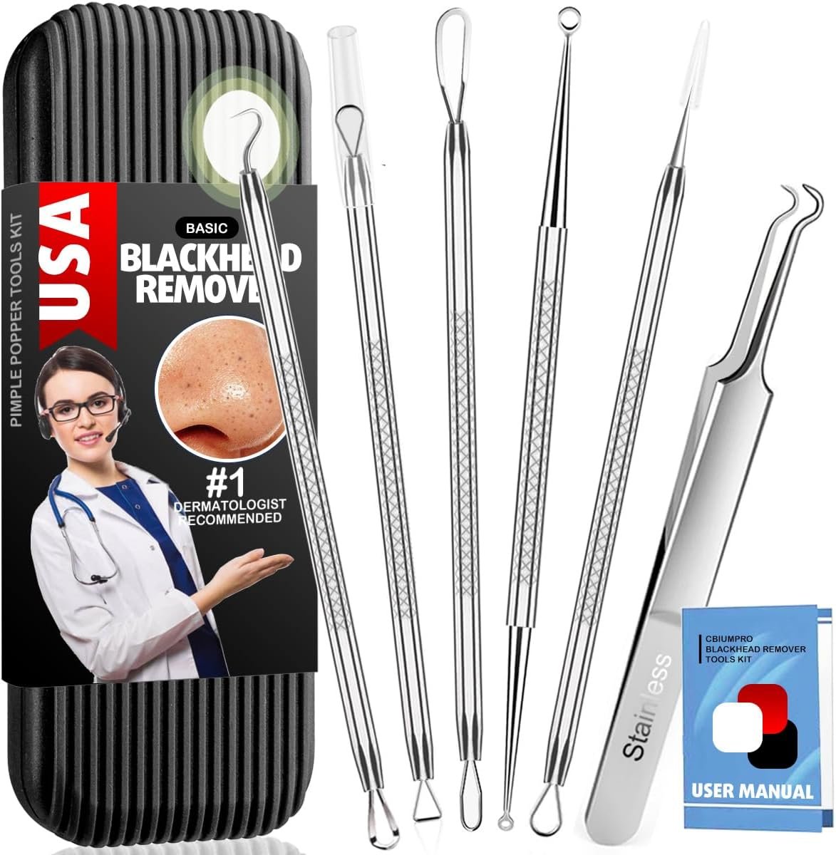 Cbiumpro 6 Pack Blackhead Remover Tools, Pimple Popper Tool Kit | Professional, Stainless Steel, Rustproof, Comfortable Handle, Sharp Needle, Easy to Clean, Durable, Storage Case & Manual