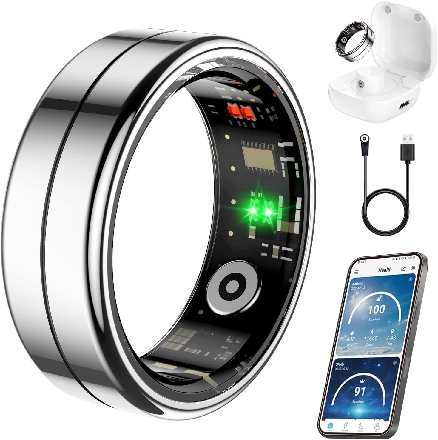 Fit Ring, Smart Health Rings for Women Men with Heart Rate,Blood Oxygen,HRV, Stress Level, Sleep Monitor, Step Tracker, IP68 Waterproof Smart Ring for iphone &Android, No Subscription Fee (Silver, 9#)