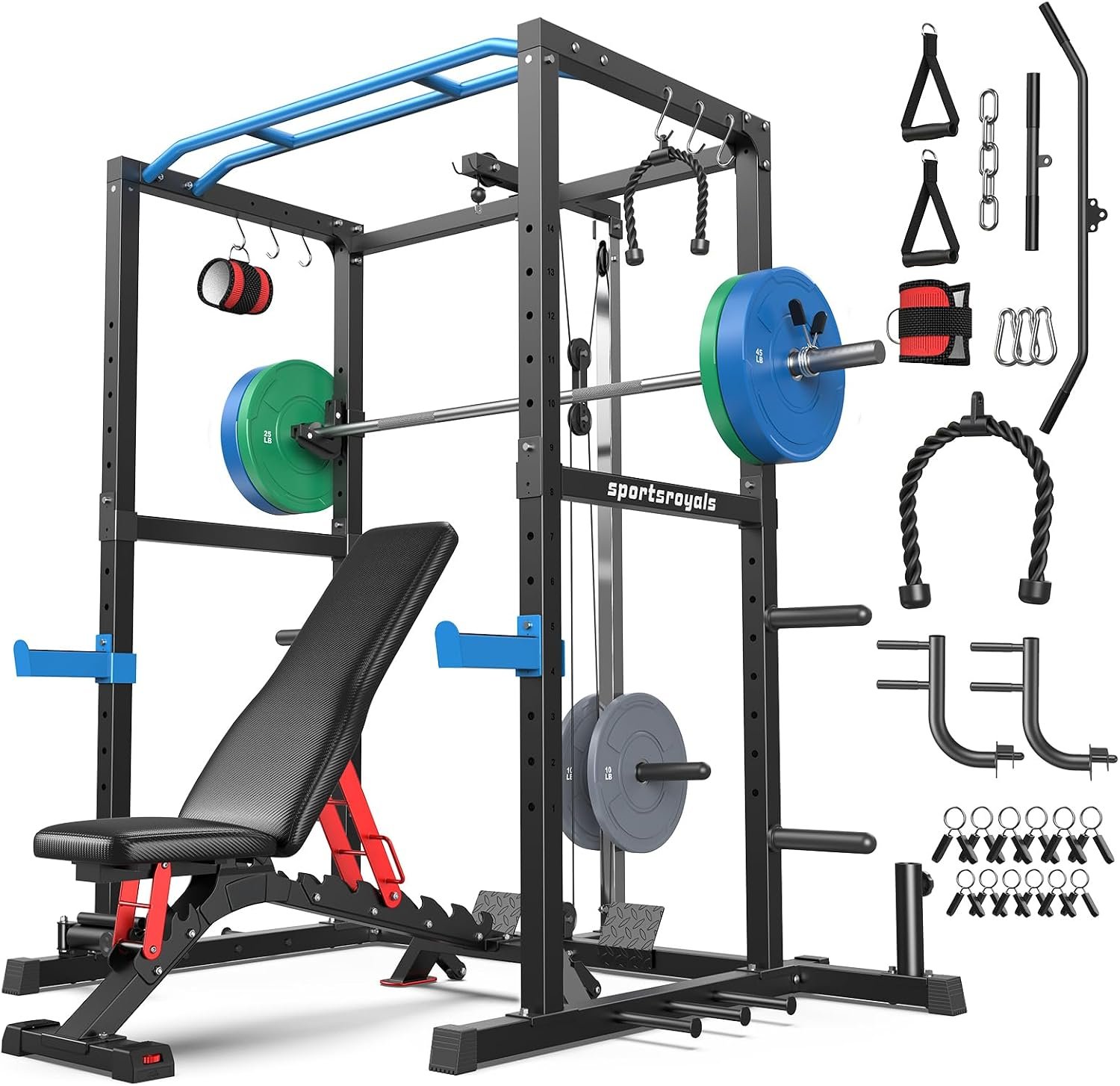 Sportsroyals Squat Rack, LAT Power Cage, Power Rack Multi-Function with Pulley System and Training Attachments for Home Gym