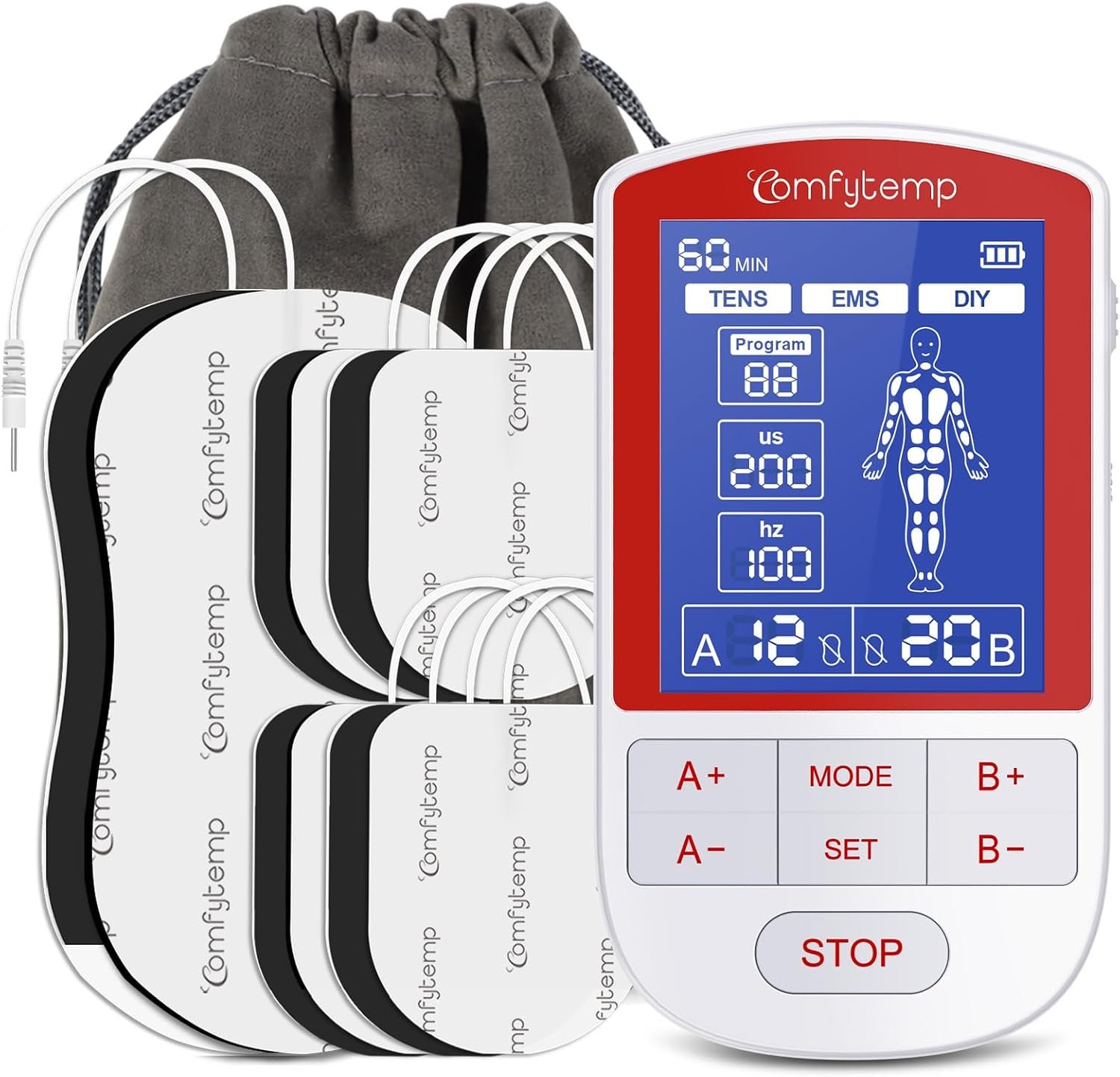 Comfytemp TENS Unit Muscle Stimulator for Pain Relief Therapy, TENS Machine with 20 Modes and DIY, Dual Channel EMS Unit, Electric Pulse Massager for Back, Shoulder, Sciatica, Knee