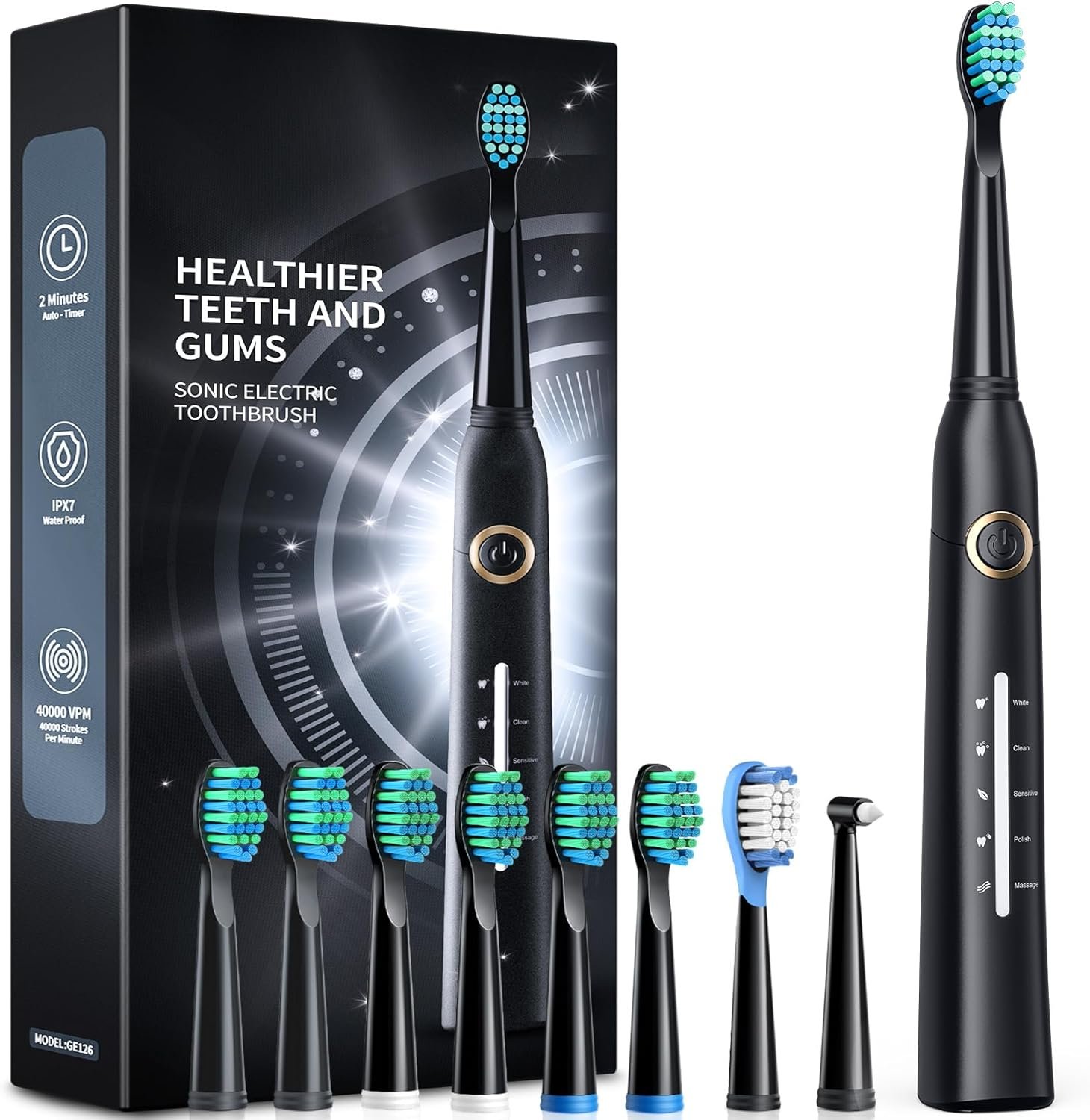 TEETHEORY Electric Toothbrush for Adults with 8 𝐁𝐫𝐮𝐬𝐡 𝐇𝐞𝐚𝐝𝐬, Sonic Electric Toothbrush with 40000 VPM Deep Clean 5 Modes, Rechargeable Toothbrushes Fast Charge 4 Hours Last 30 Days | TEETHEORY Sonic Electric Toothbrush for Adult and Kids, 8 Brush Heads, 40000VPM 5 Modes, 4H Fast Charge 30-Day Use Black