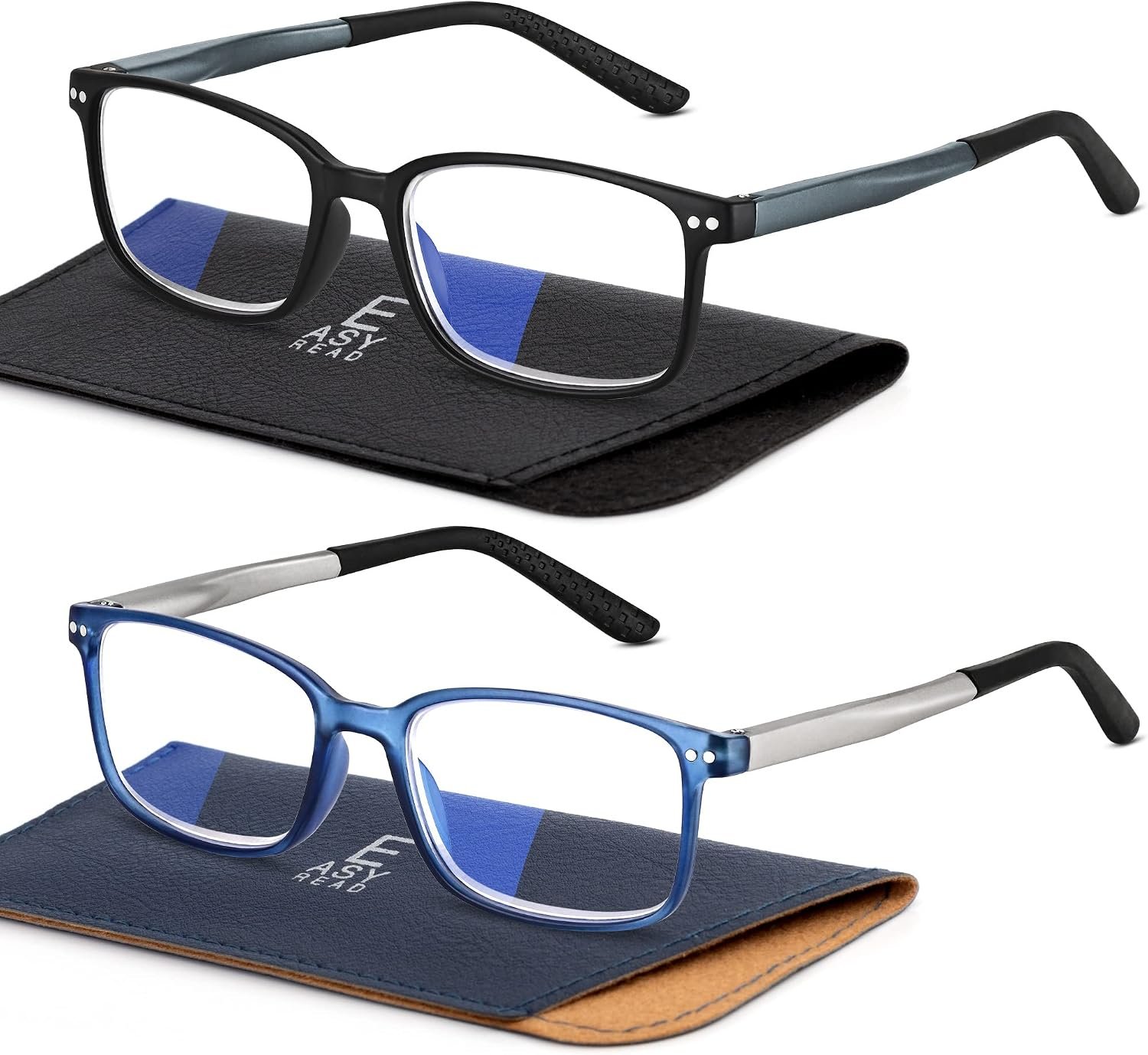 EASY READ 2 Pairs Sporty Style Reading Glasses for Men，Rectangular TR90 Blue Light Blocking Readers with Spring Hinge