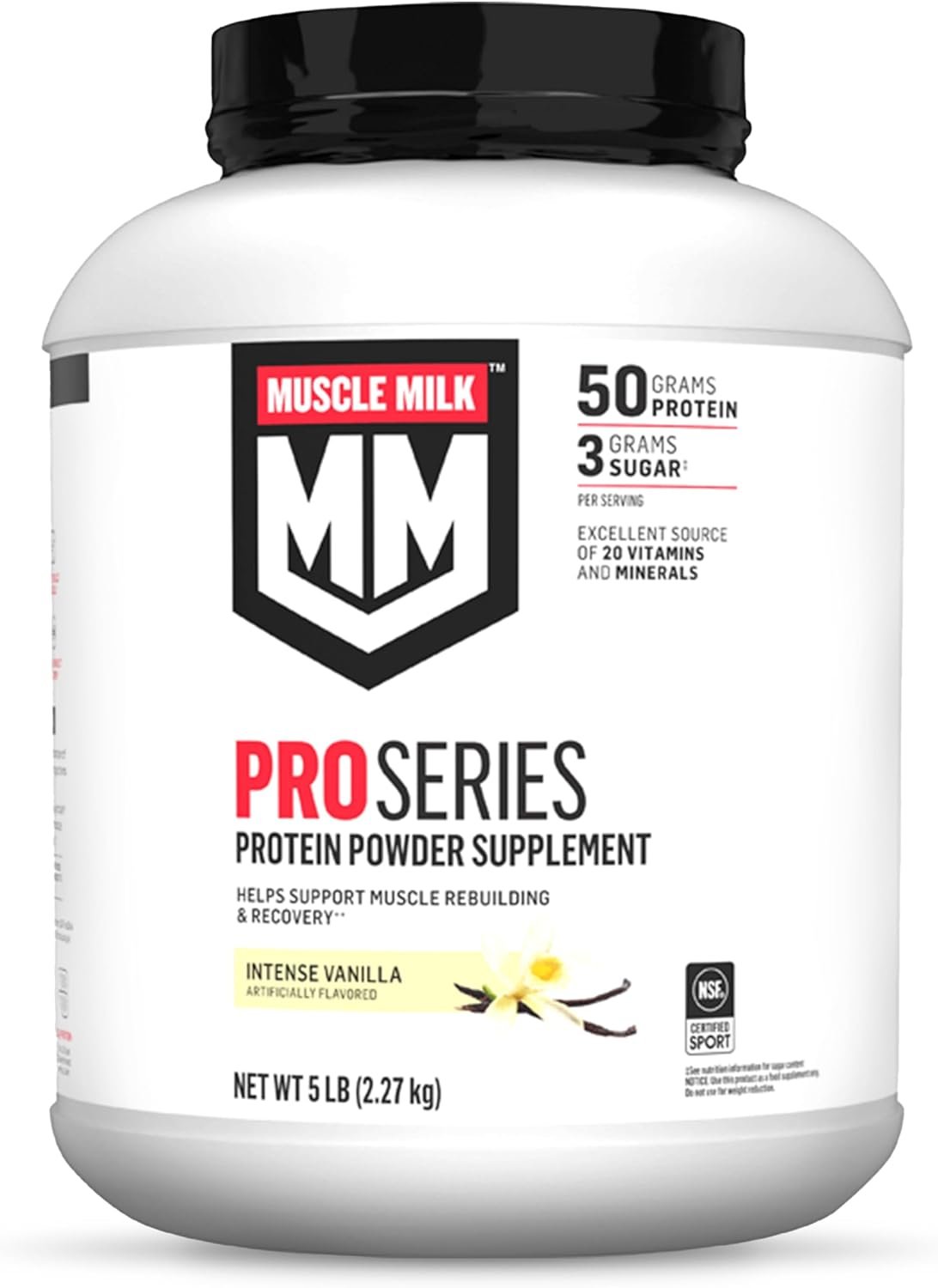 Muscle Milk Pro Series Protein Powder Supplement, Intense Vanilla, 5 Pound, 28 Servings, 50g Protein, 3g Sugar, 20 Vitamins & Minerals, NSF Certified for Sport, Workout Recovery, Packaging May Vary