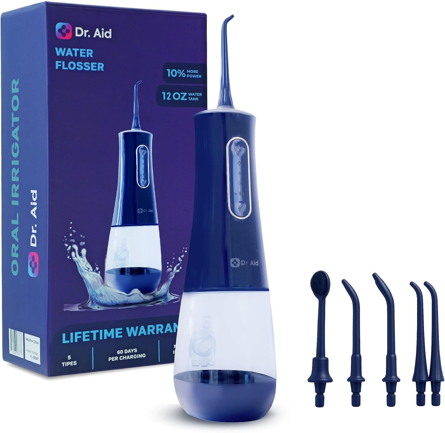 Dr. Aid Portable Water Flosser, 12Oz Tank, IPX8 Waterproof, Blue, 5 Tips | IPX8 Waterproof, Portable Design, Includes Multiple Tips