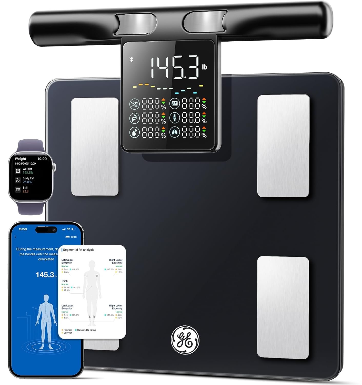 GE Smart Scale for Body Fat with BMI Muscle Mass, 5.3-inch Handle Display | 8-Electrode Weight Scale, Full Body Composition Analysis, for Bathroom and Gym, 50+ Metrics, Bluetooth App Sync, Black