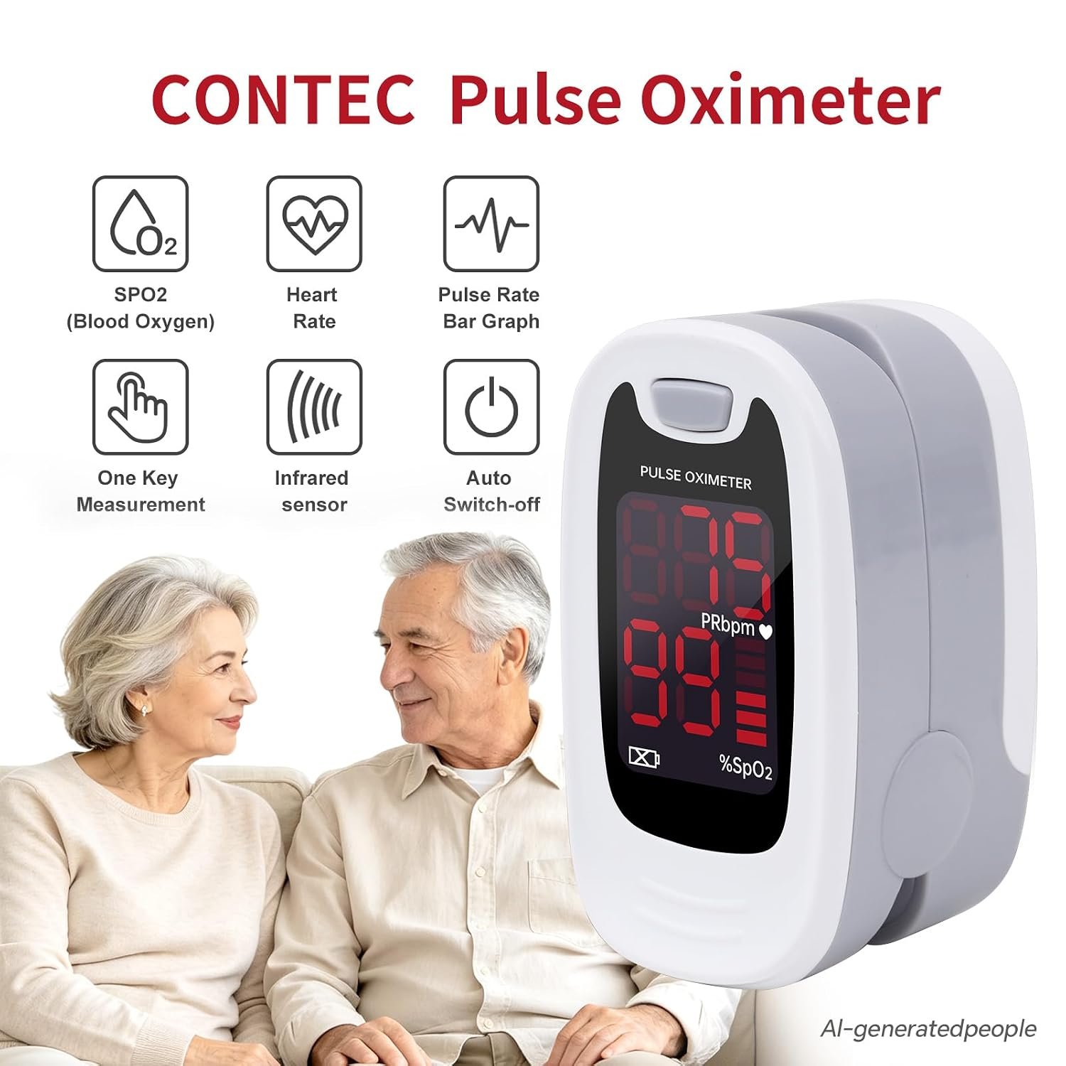 CONTEC Fingertip Pulse Oximeter Blood Oxygen Saturation Monitor W/Lanyard | CMS50M SpO2 & PR Readings Blood Oxygen Monitor, LED Display, Gray & White Pulse Oximeter for Home, Sports and Travel