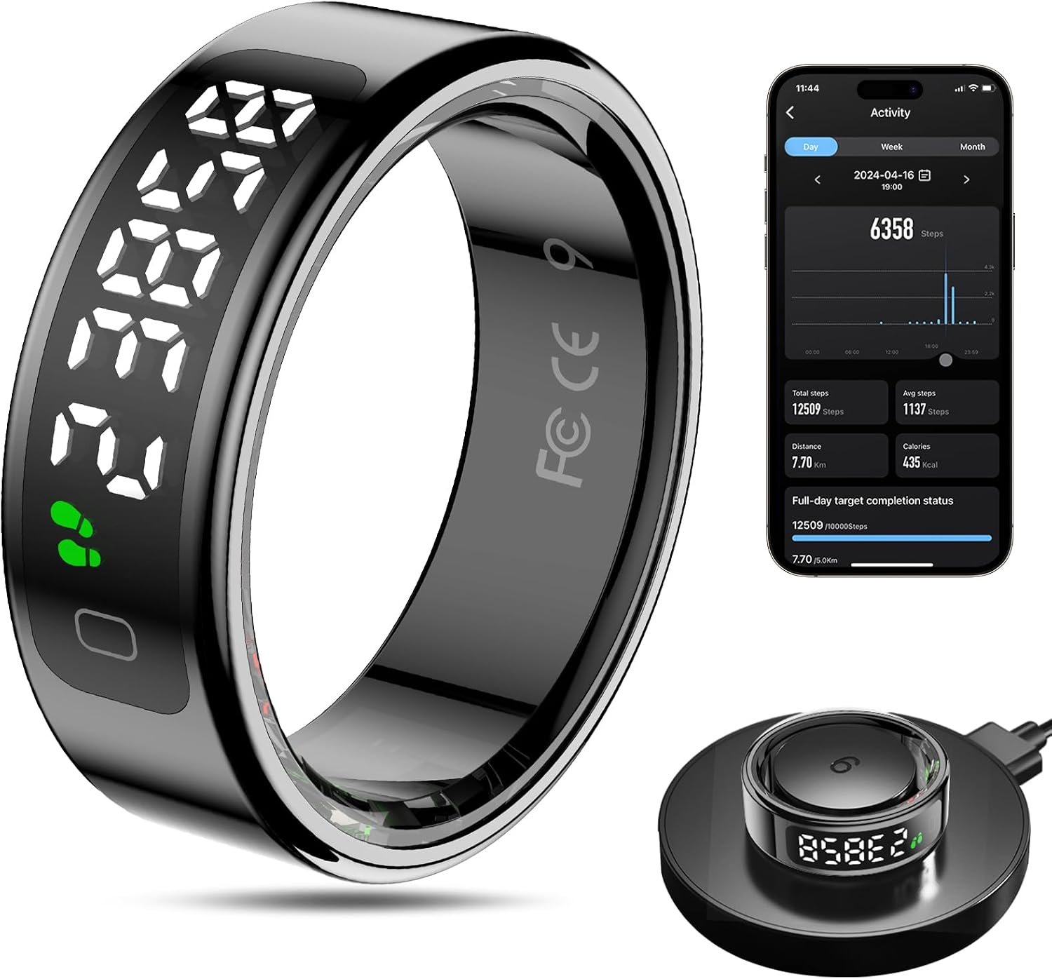 Smart Ring Health Tracker for Men/Women, Black, 13 | LED Display Screen, Fitness Ring Sleep Tracker, Fast Charging, Pedometer Exercise, Waterproof, Heart Rate Monitor