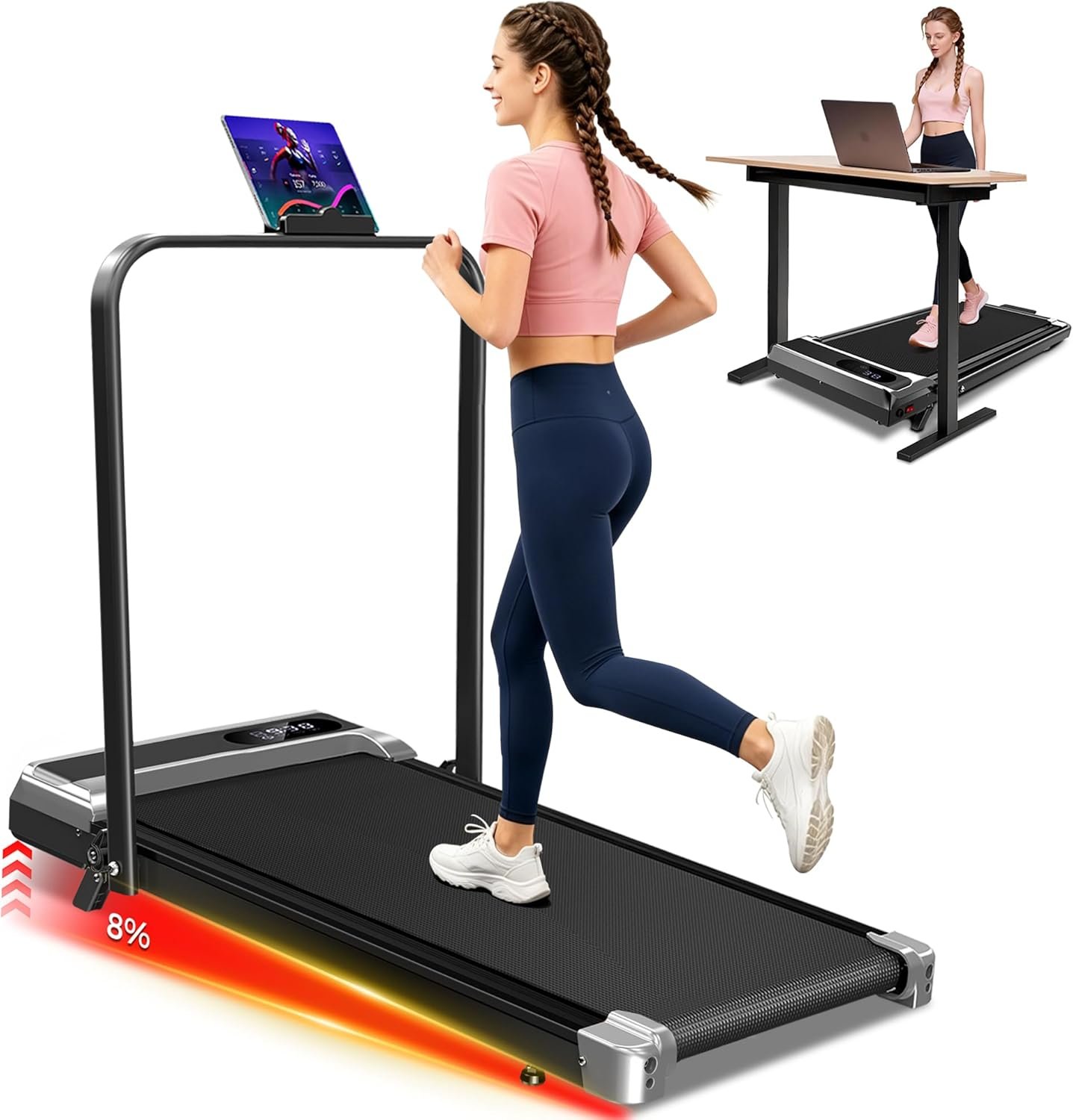 Walking Pad Treadmill with 8% Incline – Portable Home Tread Mills Quiet Machine Compact Fold up Indoor, 3.0HP Walk Running Pads with Handle Bar, Easy Assembly, Up to 350LBS Capacity