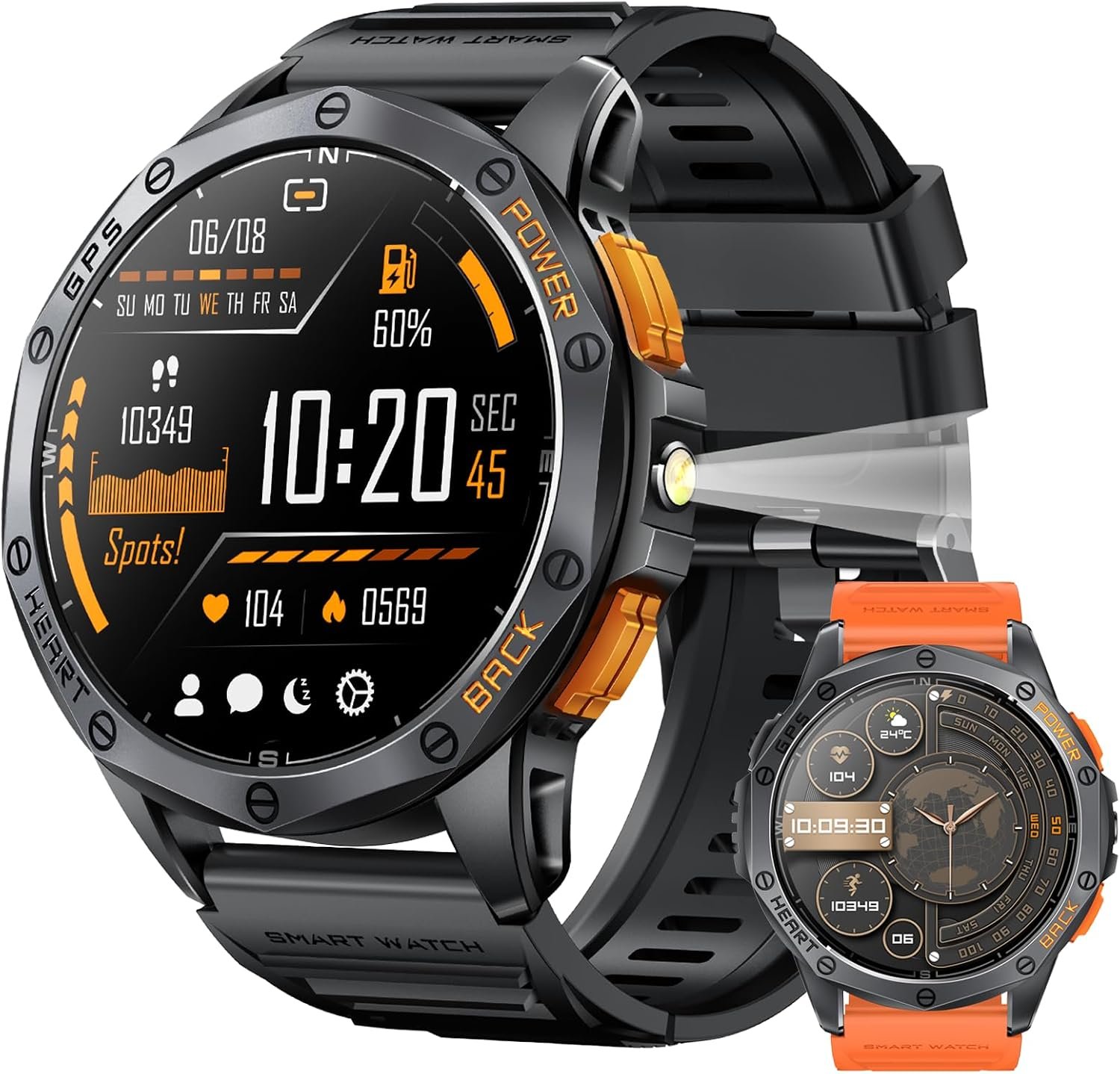 Military Smart Watch for Men, Built-in GPS, 30-day standby, 1.43″ AMOLED | Compass & Altimeter for outdoors，Tactical flashlight, 170+ Sport Modes & Bluetooth Calls. iOS/Android Compatible.