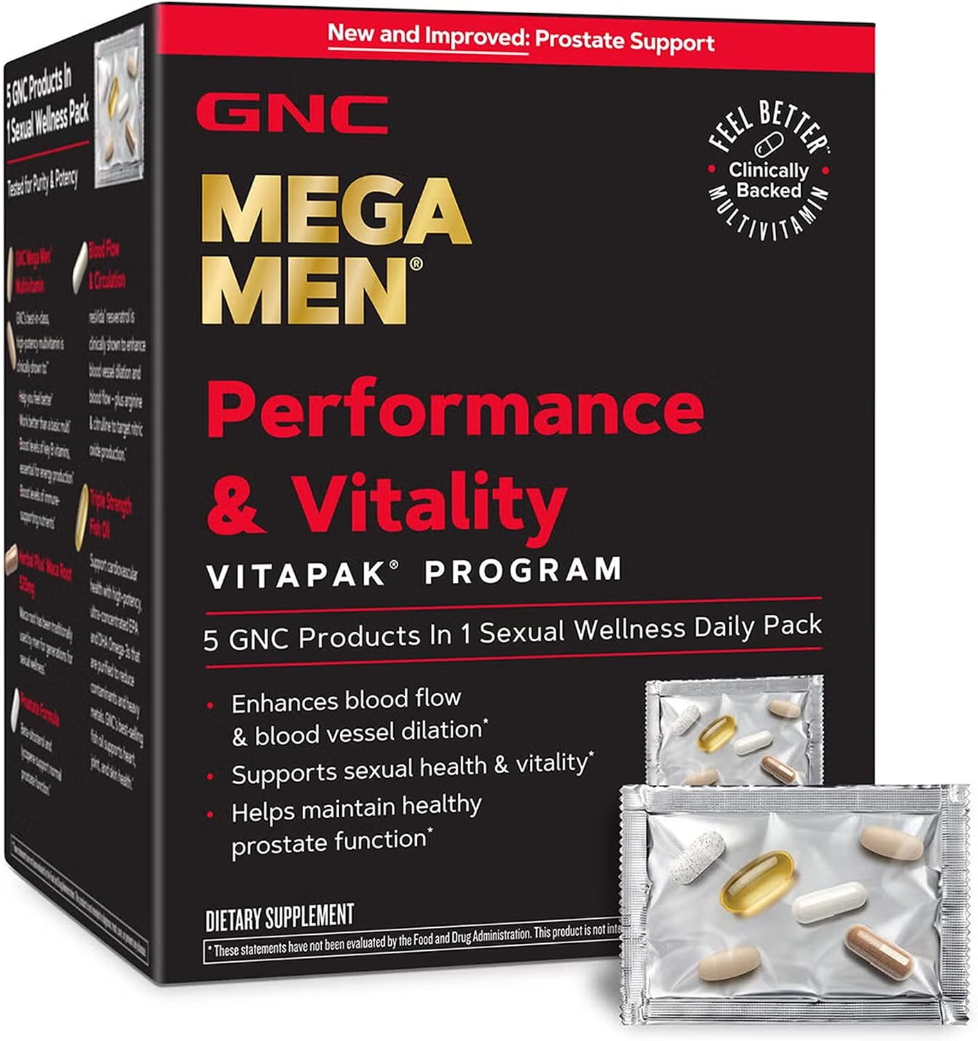 GNC Mega Men Performance and Vitality Vitapak Program for Men, Convenient Complete Nutrition, 5 Products in 1 Pack, Circulation, Blood Flow, Stronger Drive – New & Improved – 30 Packs