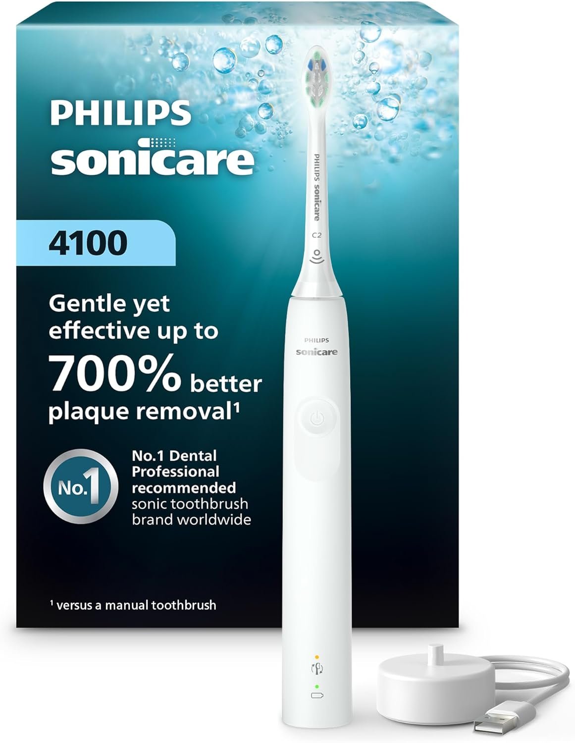 Philips Sonicare 4100 Rechargeable Electric Toothbrush, 1 Brush Head, White | 700% More Plaque Removal¹, Pressure Sensor, 2 Brush Settings, 2-Minute Guided Timer, 14-Day Battery, HX3681/23