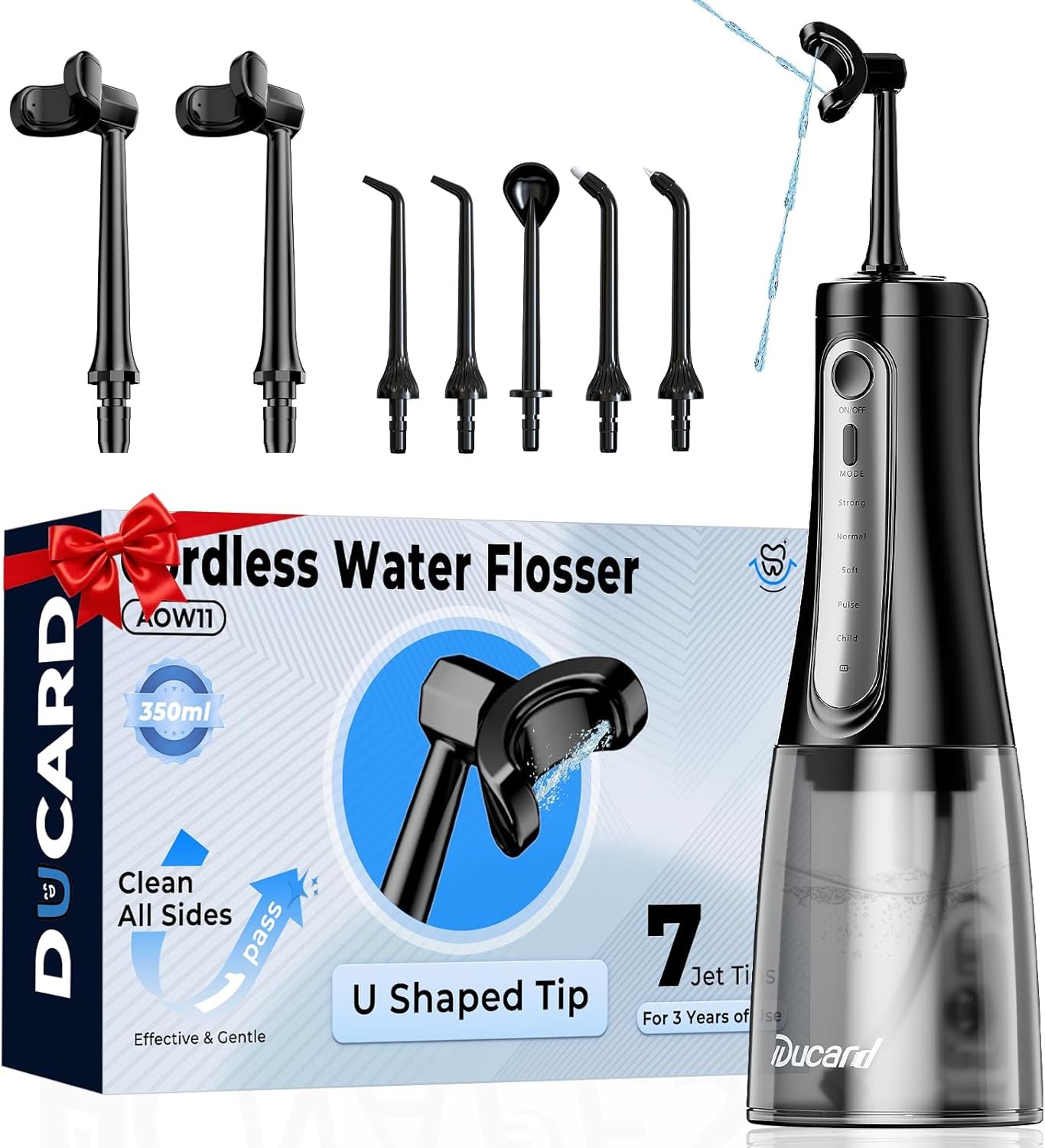 Cordless Water Flosser with U-Shaped Nozzle, 350ML Tank, 7 Jet Tips | Features 5 Cleaning Modes and IPX7 Waterproof. Portable and Rechargeable for Adult & Child Daily Oral Care and Travel, Black