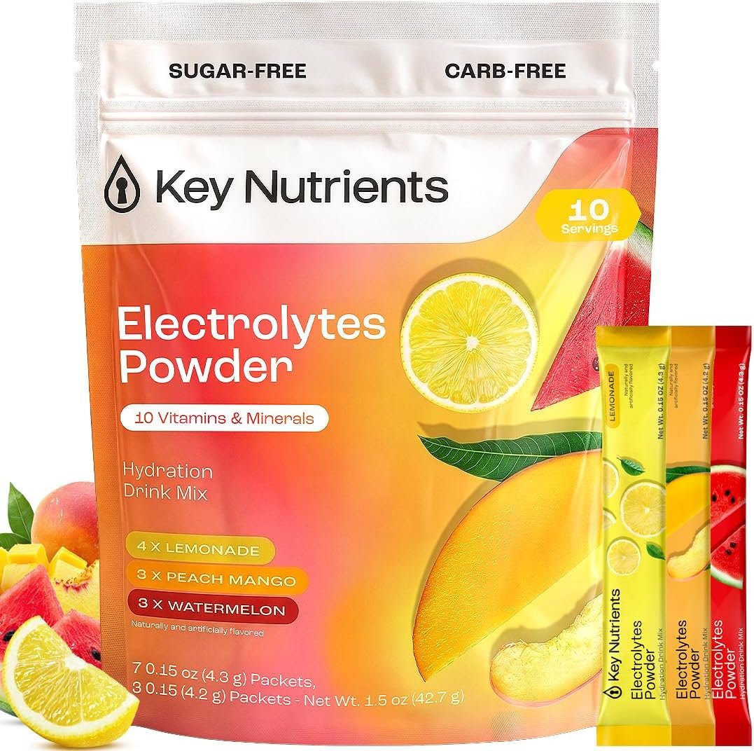 KEY NUTRIENTS Potassium Multivitamin Electrolyte Packets, Variety, 10Ct | Multivitamin Electrolyte Packets Lemonade, Peach Mango, Watermelon, Sugar Free, Sodium & Potassium Supplement, Made in USA