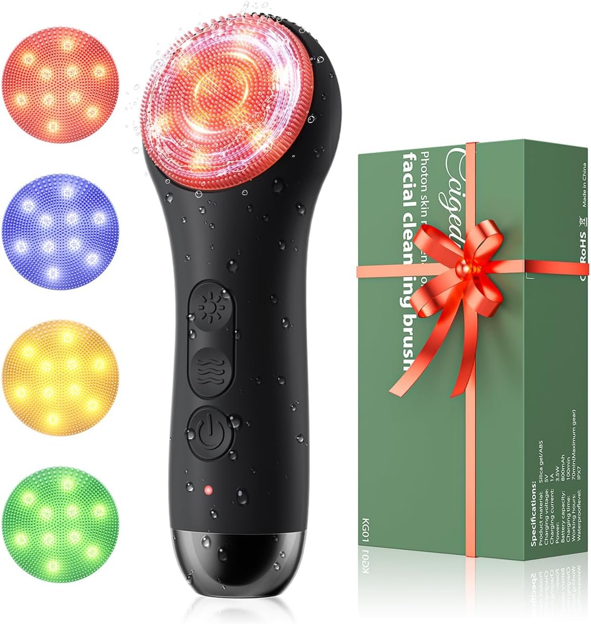 Ccigedy Face Scrubber, Electric Facial Cleansing Brush (Black) | 4 LED Light, 5 Vibration Levels, Warming Function, Soft Silicone Exfoliation, Removes Oil Makeup Residue, Waterproof Design