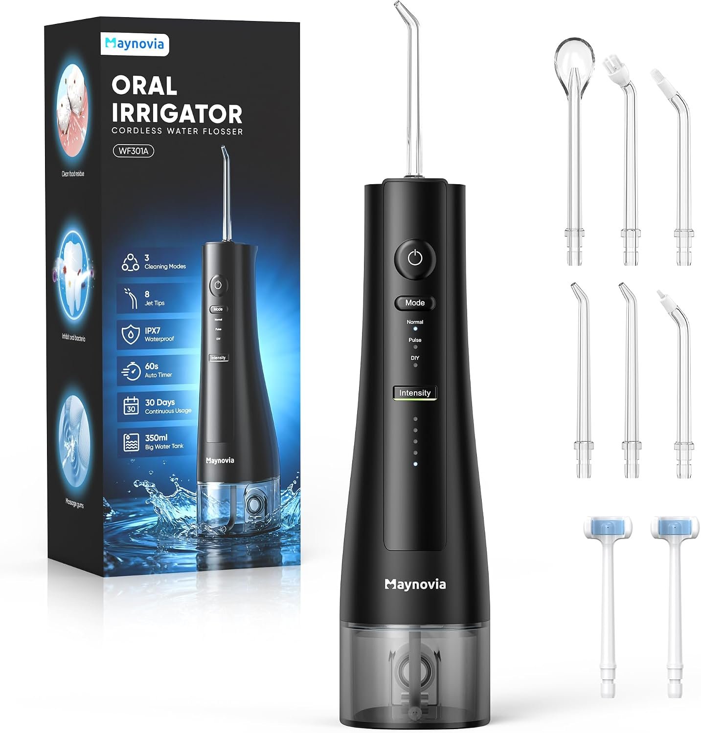 Cordless Water Flosser for Teeth, U-Shaped Tip, 350ml Tank, Black | Plastic body, two-sided tooth cleaning, 3 modes, 40-150 PSI DIY pressure, IPX7-rated, USB-C, 8 tips, adults, braces, travel
