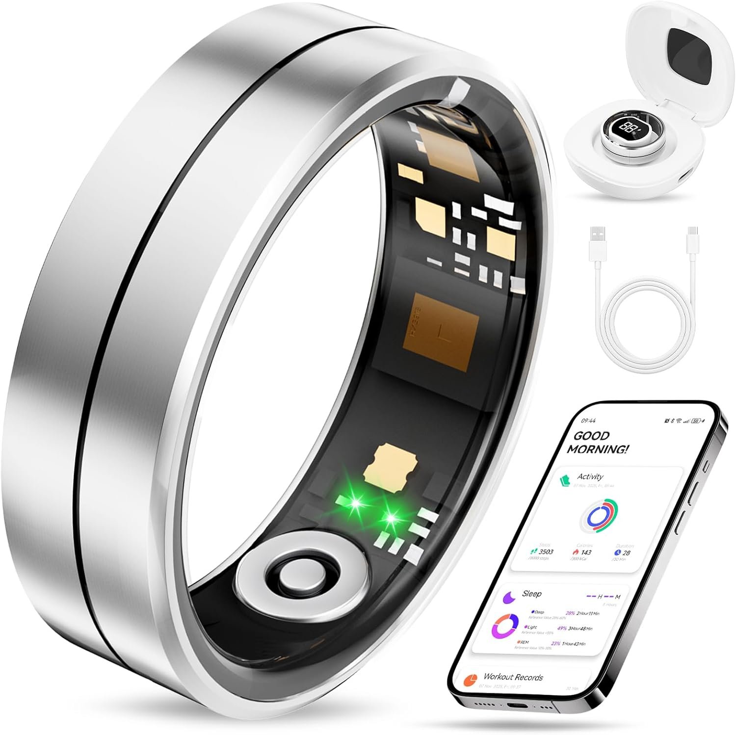 Fvtga Smart Ring for Women Men, Health Tracker with Digital Charging Case, 24/7 Heart Rate SpO2 Sleep Stress Monitoring, IP68 Waterproof Fitness Ring, No Subscription Fee, iOS Android(Silver, 10)