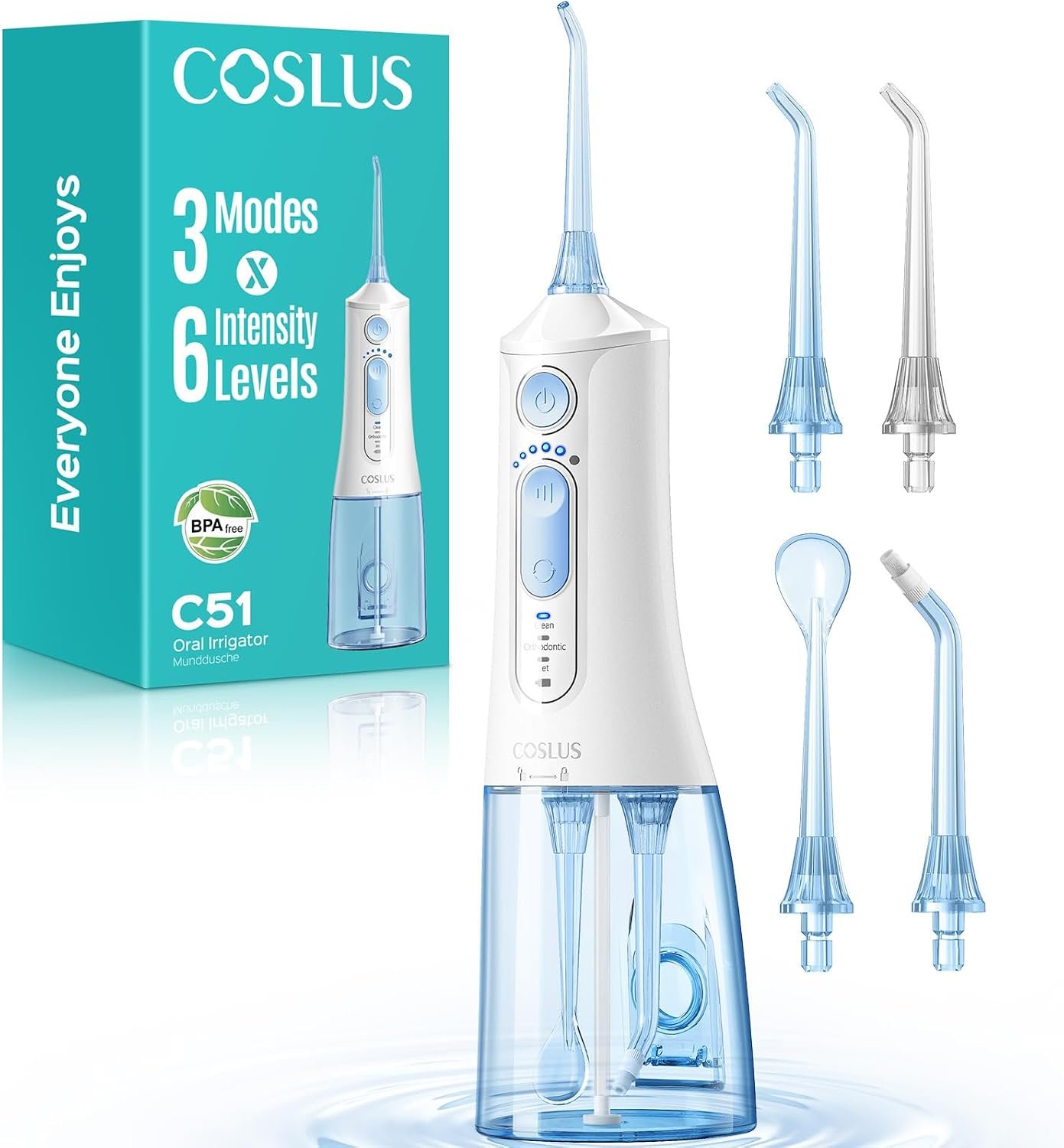 COSLUS ADA Accepted C51 Water Dental Flosser for Teeth, 3 Modes 6 Pressure | Water Dental Pick for Orthodontic, Braces, Sensitive Gums, Multiple Users, Compact for Travel Built-in Nozzle Storage, White