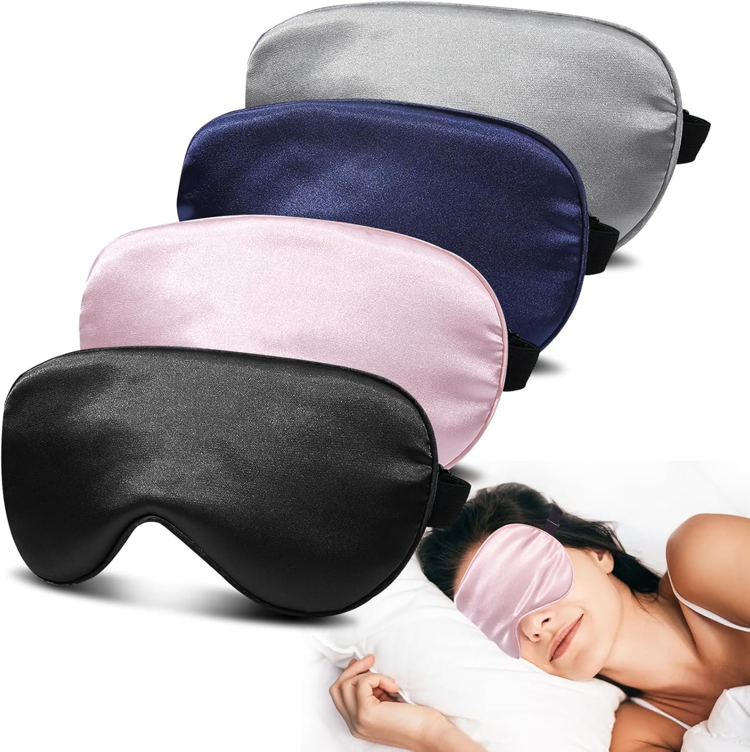 4 Pack Silk Sleep Mask, Blackout Eye Mask with Adjustable Strap | Zero Eye Pressure, Super Soft Blindfold for Women Men, Sleeping Eye Masks for Travel, Gift, Yoga (Black, Pink, Blue, Grey)