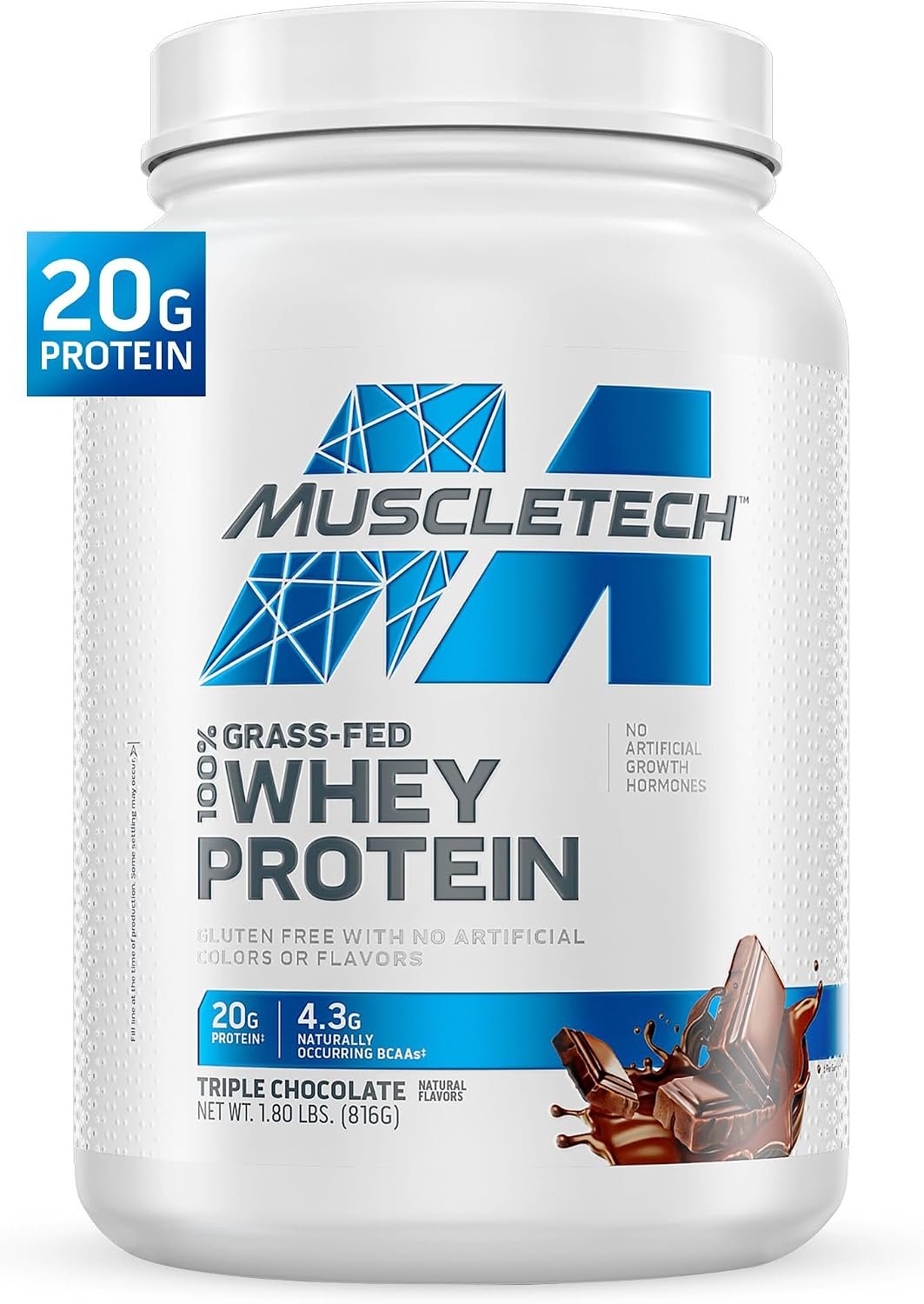 MuscleTech Grass-Fed Whey Protein Powder – Triple Chocolate, 1.8LB | Smoothie & Milkshake Mix Supports Muscle Gain & Recovery – 20g Protein – Non-GMO & Gluten-Free