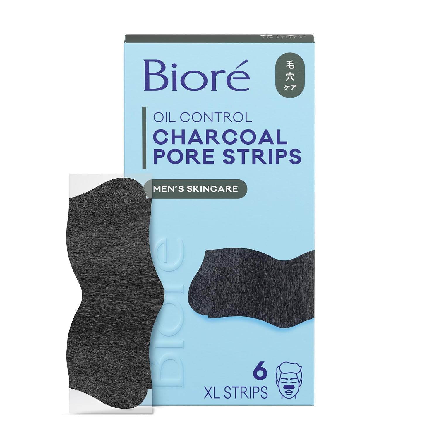 Biore Charcoal Deep Cleansing Pore Strips For Men, Blackhead Removal, 6 ct | For Oily Skin, C-Bond Technology, Instantly Unclogs Pores, Nose Targeting Design, Removes Impurities