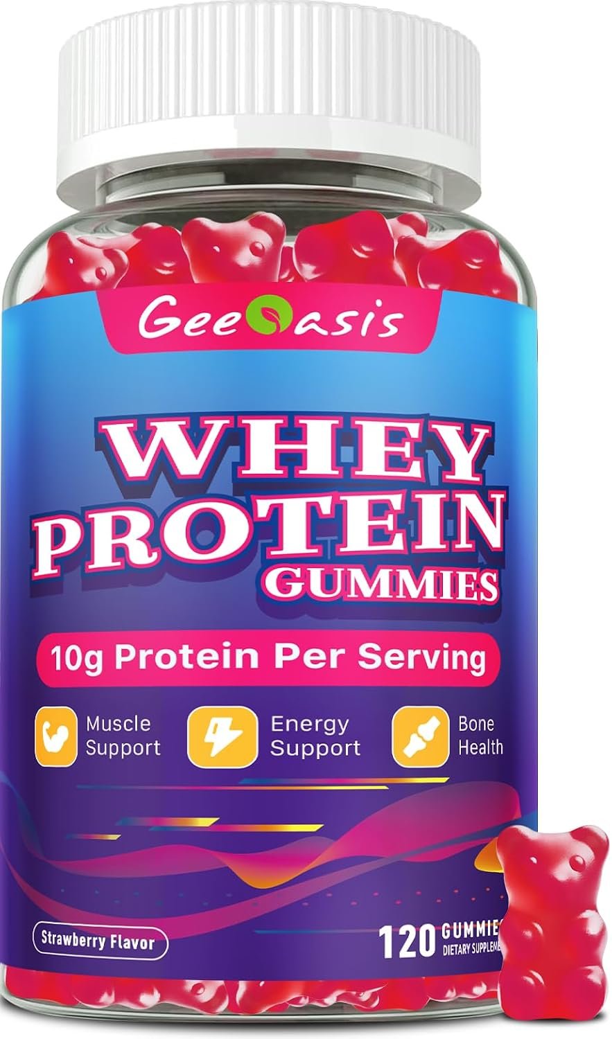 Whey Protein Gummies Supplements for Women & Men, Strawberry Flavor, 120 Ct | Whey Protein Chewables Gummies Supplements 10mg, Muscle & Energy Support, Bone Health, Sugar Free