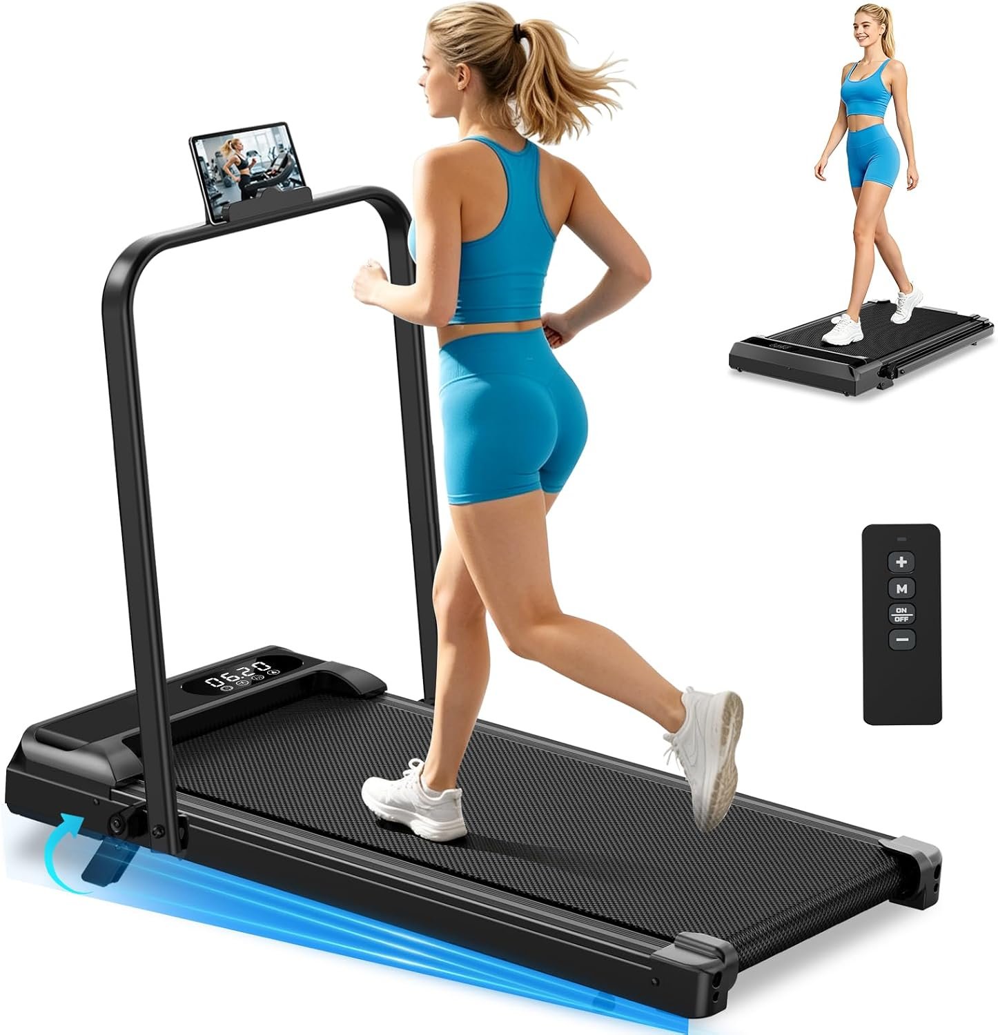 Walking Pad Treadmill with 8% Incline & Handle Bar, 2.5HP Portable Under Desk Treadmill for Home Office, Compact Foldable Treadmill Quiet Anti-Slip, 0.6-3.8 MPH Remote Speed Control, 350LBS Capacity