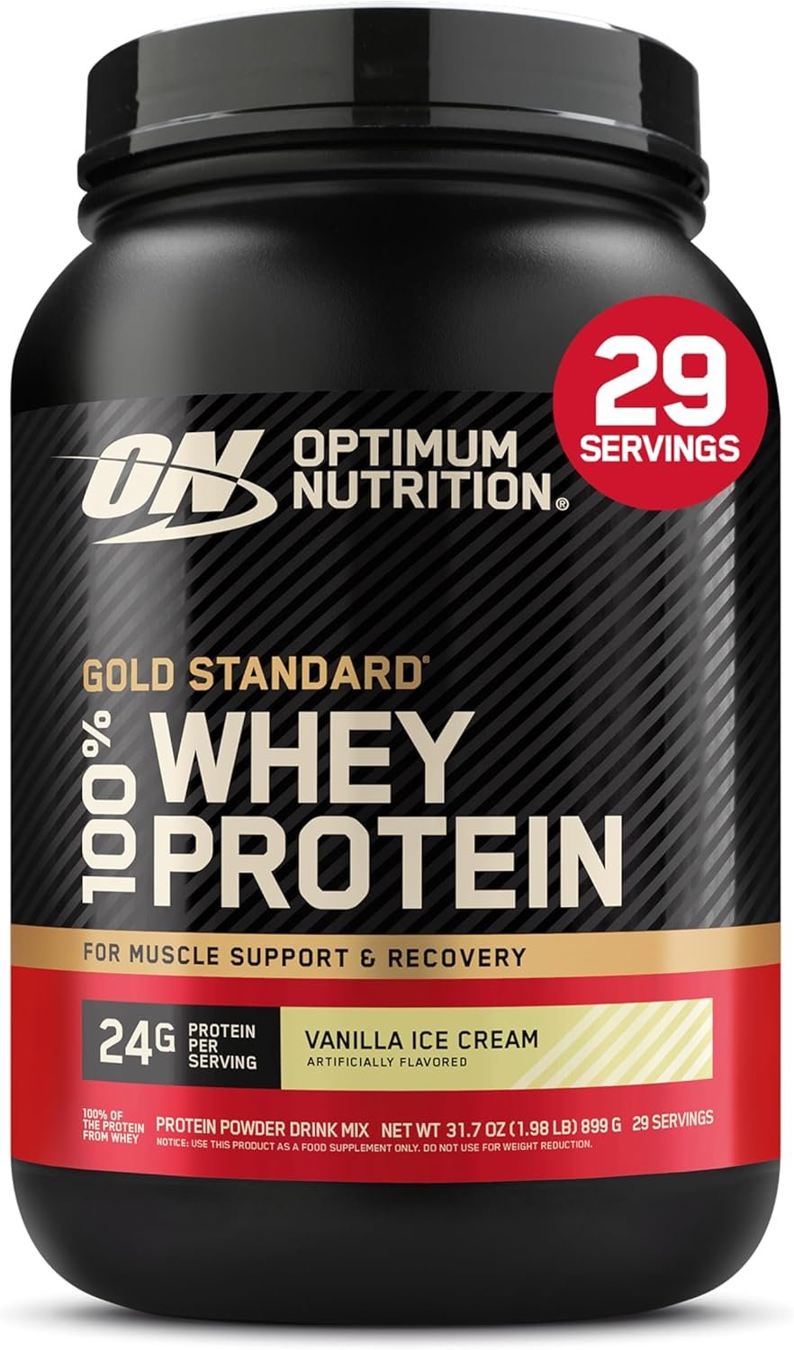 Optimum Nutrition Gold Standard 100% Whey Protein Powder, Vanilla Ice Cream, 2 Pound (Packaging May Vary) | 24g 100% Whey Protein Per Serving, with BCAAs, Gluten Free, Banned Substance Tested, Easy Mixing, Muscle Support & Recovery