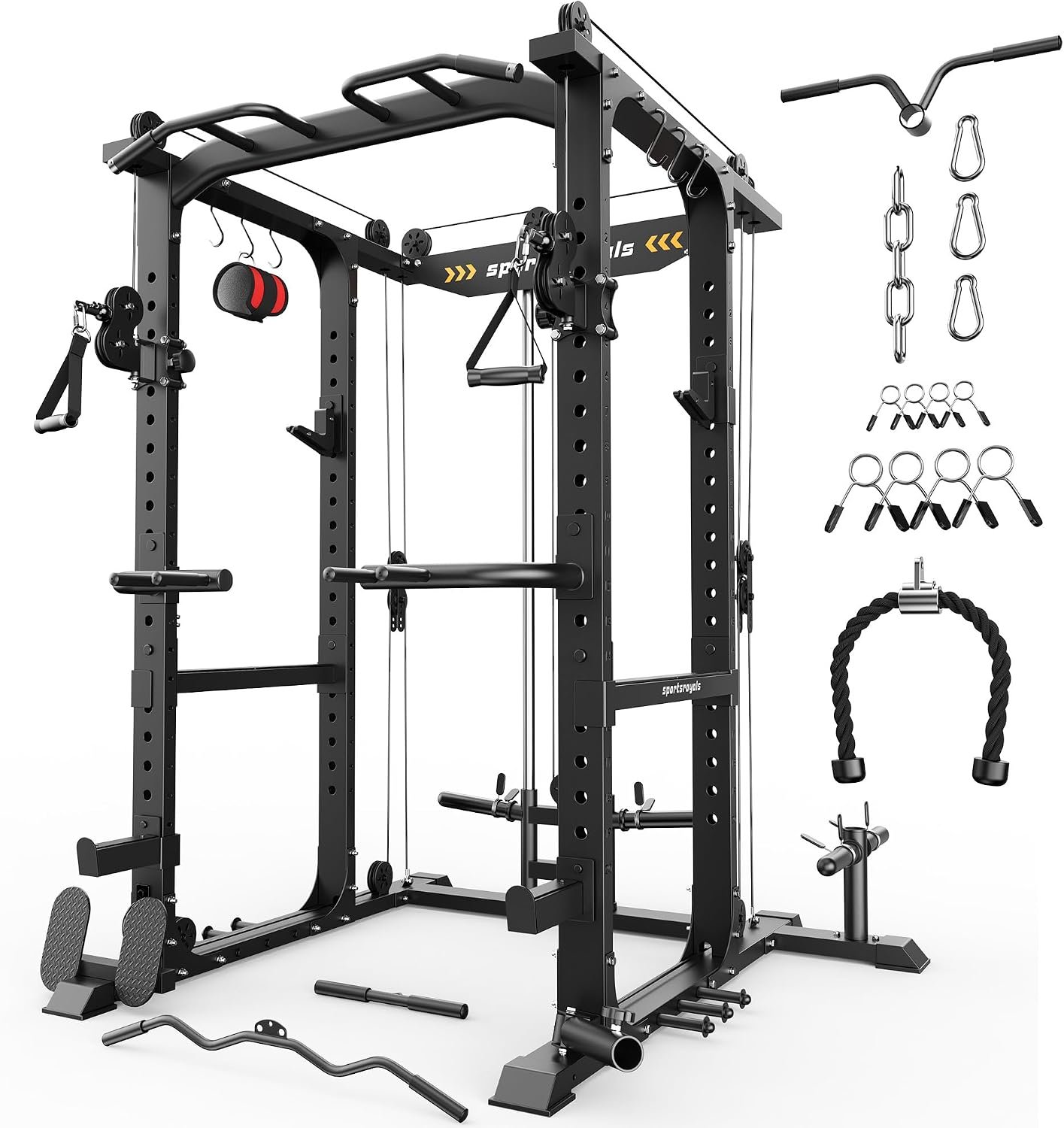 Sportsroyals Power Cage, 1600LBS Squat Rack with Cable Crossover System | Power Rack with LAT Pull Down System, Workout Cage with Pulley System for Fitness Home Gym Strength Training