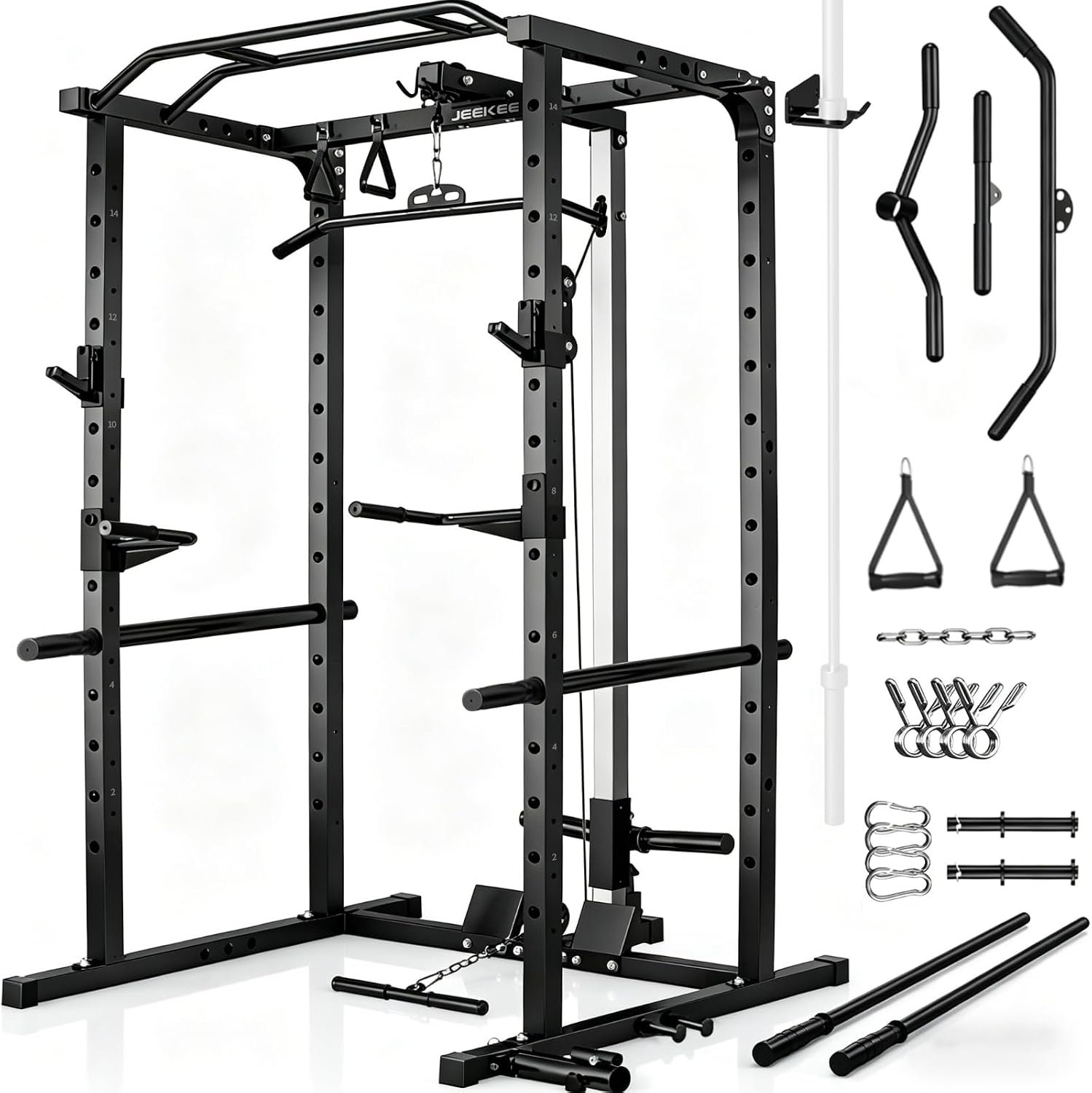 JEEKEE Power Rack with LAT Pulldown, 2000LBS Power Cage with Cable System, Multi-Function Squat Rack with J-Hooks, Safety Bars, Landmine, Pull Up Bar & Attachments for Home Gym Strength Training,Black