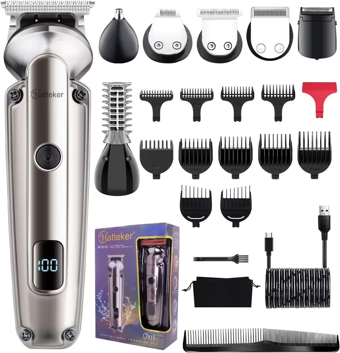 Hatteker Beard Trimmer for Men, Waterproof Hair Trimmer Electric Razor, Cordless Hair Clippers Shavers for Men, Shaving Kit for Nose Mustache Body Facial, Beard Grooming Kit 7 in 1