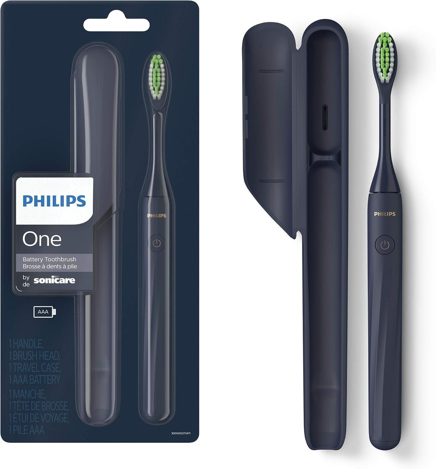 Philips One by Sonicare Battery Toothbrush, 1 Brush Head, Midnight Blue | Micro-Vibration Bristles, 2-Minute Guided Timer, Includes Travel Case, HY1100/04