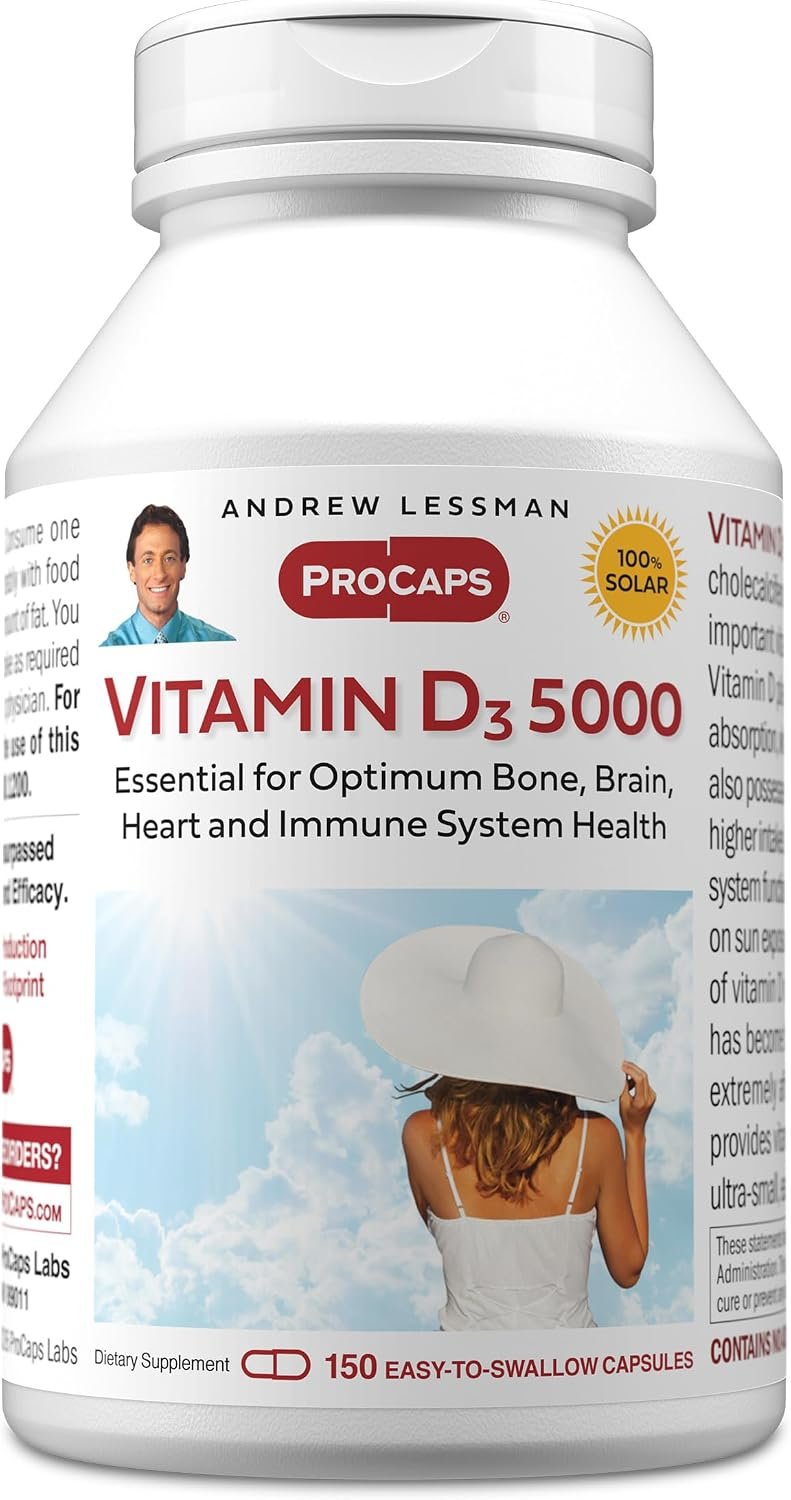 ANDREW LESSMAN ProCaps Vitamin D3 5000 IU 150 Capsules | Cholecalciferol with Calcium & Magnesium to support calcium absorption. Small, easy-to-swallow capsules.