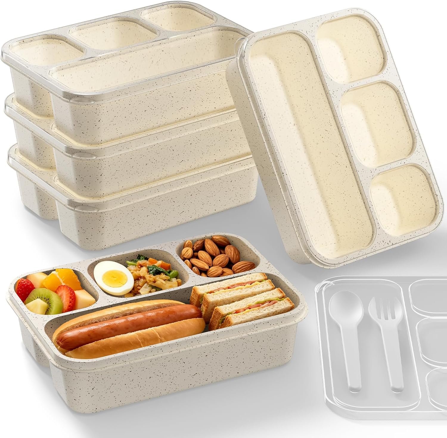 Bento Box 5-Pack, 4-Compartment Lunch Box for Women, Men & Kids, BPA-Free Wheat Straw Snack Containers, Ideal for Meal Prep, Travel, School, Work (White)