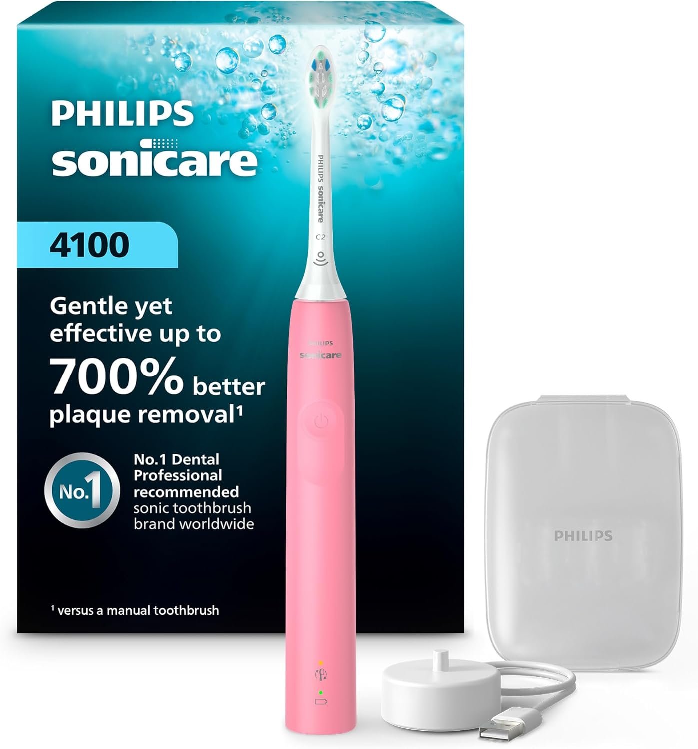 Philips Sonicare 4100 Rechargeable Electric Toothbrush, Deep Pink | 700% More Plaque Removal¹, Pressure Sensor, 2 Brush Settings, 14-Day Battery, Includes Brush Head Case, BD5004AZ