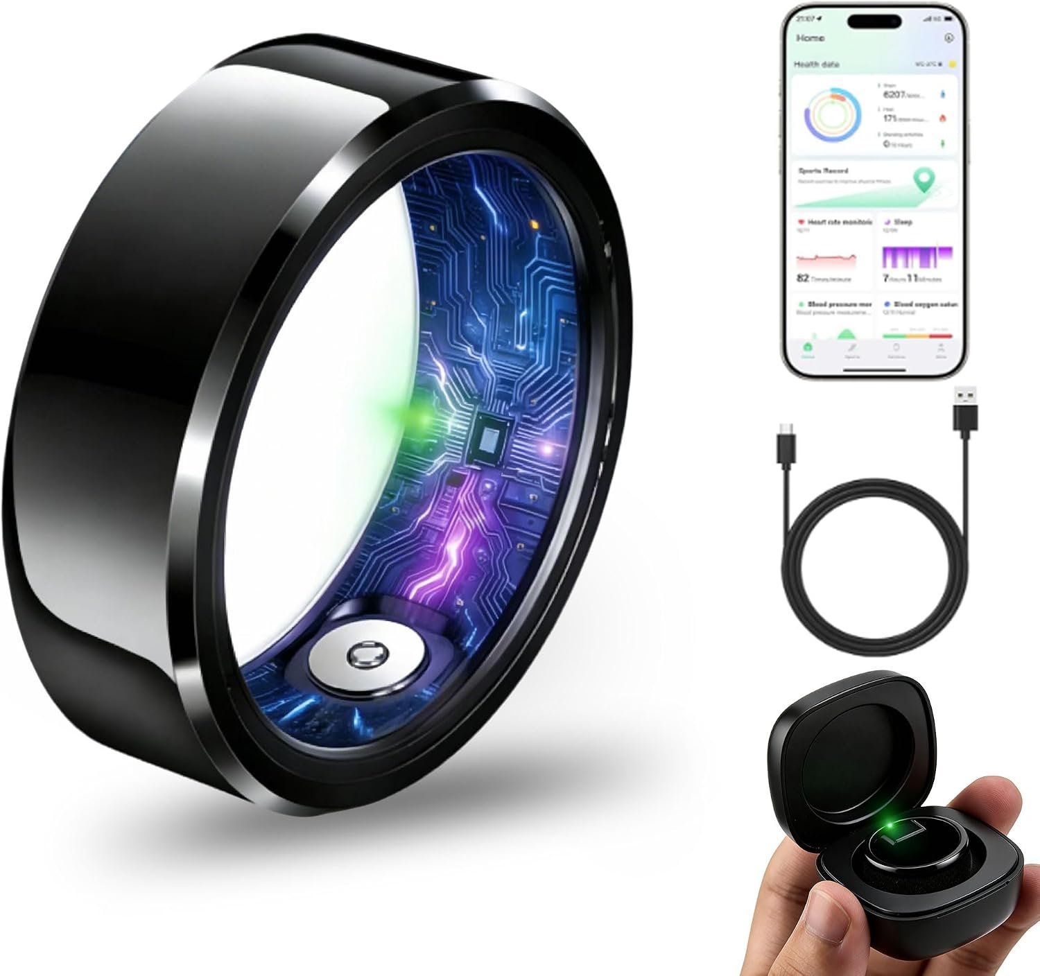 Smart Ring for Women & Men, Health & Fitness Tracker with Heart Rate/Sleep Monitoring/Blood Pressure, 5ATM Waterproof,Activity Trackers with Free App,Stylish Fitness Ring Birthday Gift(Size 8, Black)