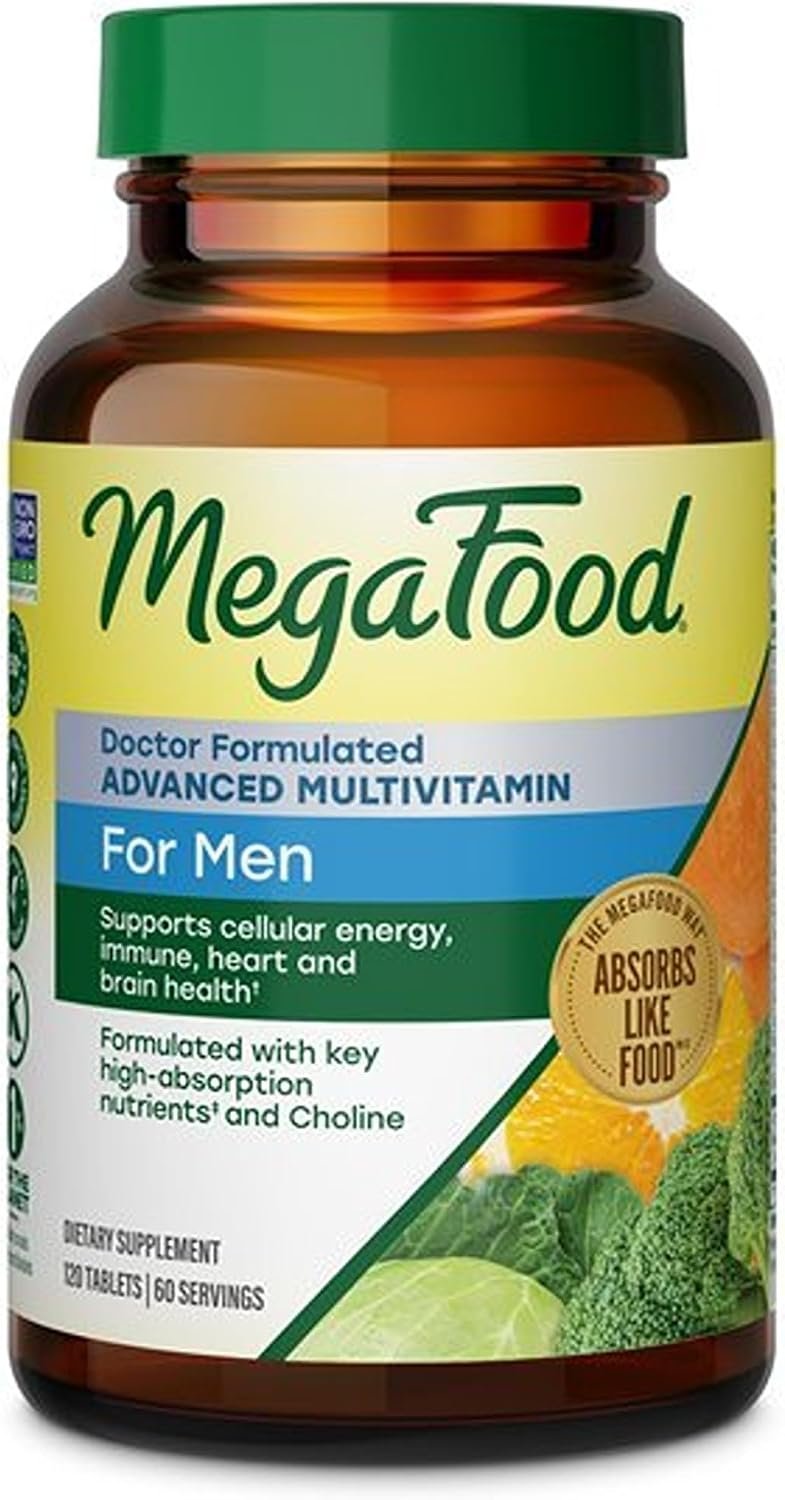 MegaFood Advanced Multivitamin for Men, Doctor Formulated, 120 Tablets | Immune Support, Cellular Energy, Heart & Brain Health, Choline, Methylfolate, Vitamin C, D3, Zinc, Vegetarian, 60 Servings