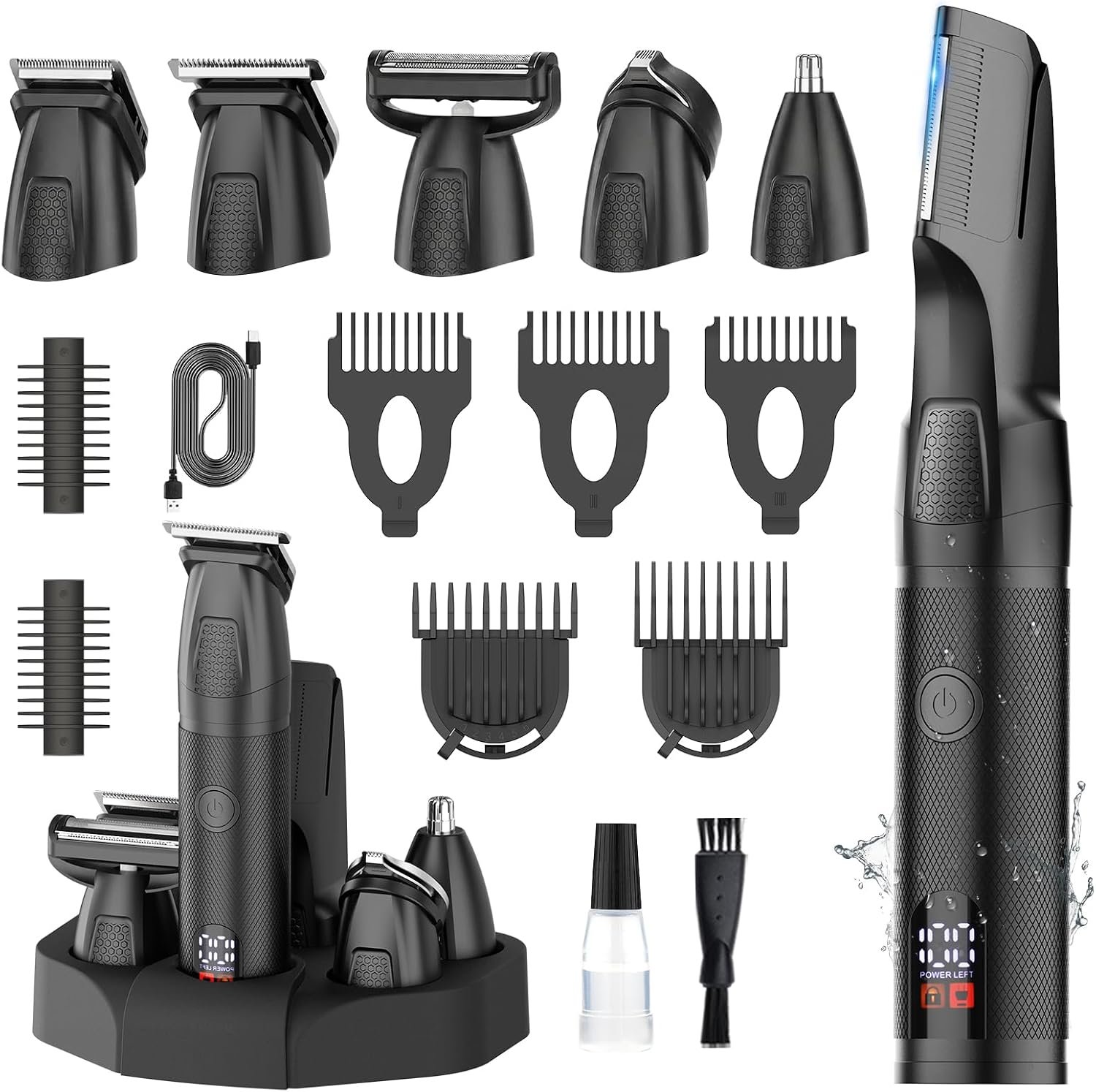 Manscape Men Body Beard Trimmer Waterproof Groin Ball Hair Groom Kit | 6-in-1 multi-set, no-nick shave trim, nose trim head, LED display, large recharge battery, Type-C dock charger for daily use