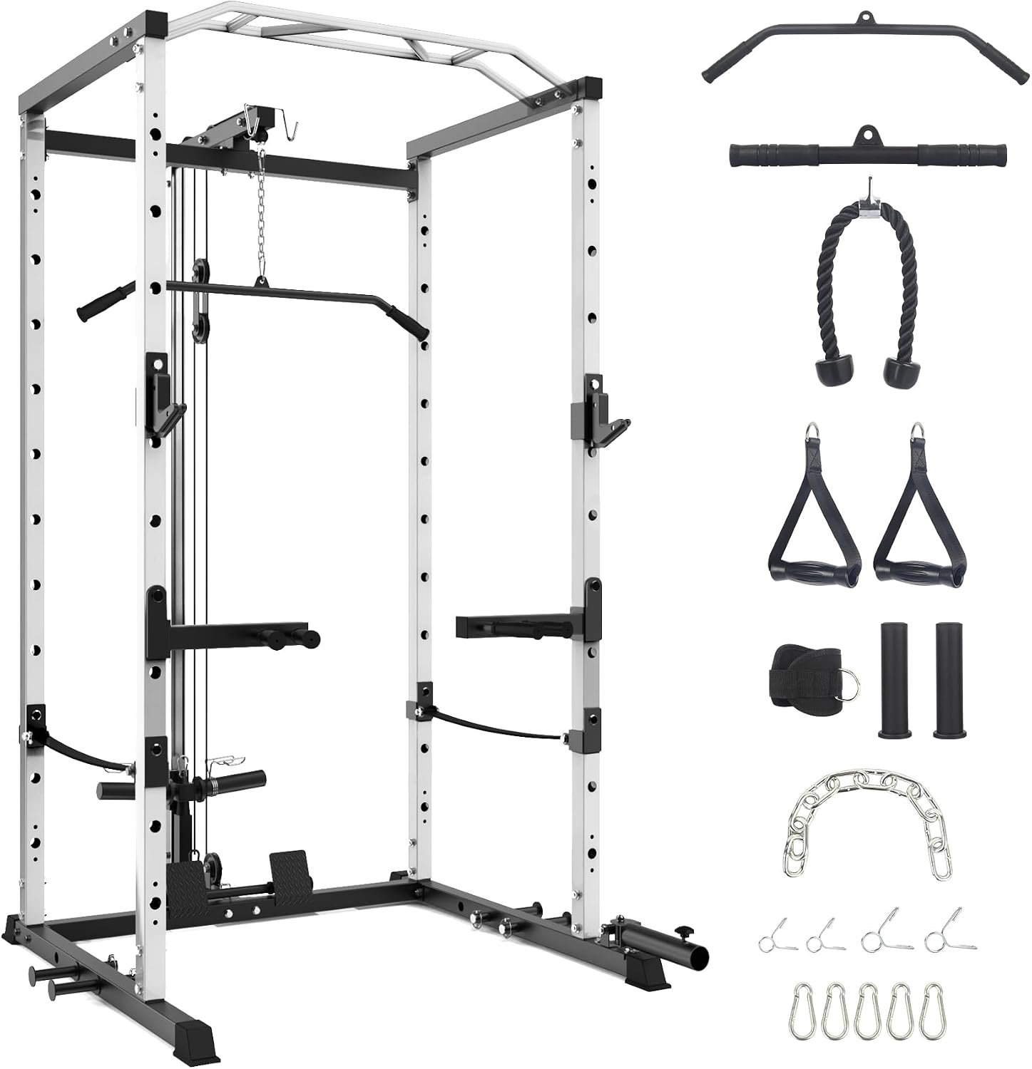 GarveeLife Power Cage, Multi-Function Squat Rack with LAT Pulldown, 1600 LBS Weight Capacity Fitness Power Rack with Cable Pulley System and j-Hooks, Dip Bars and Landmine Attachment for Home Gym