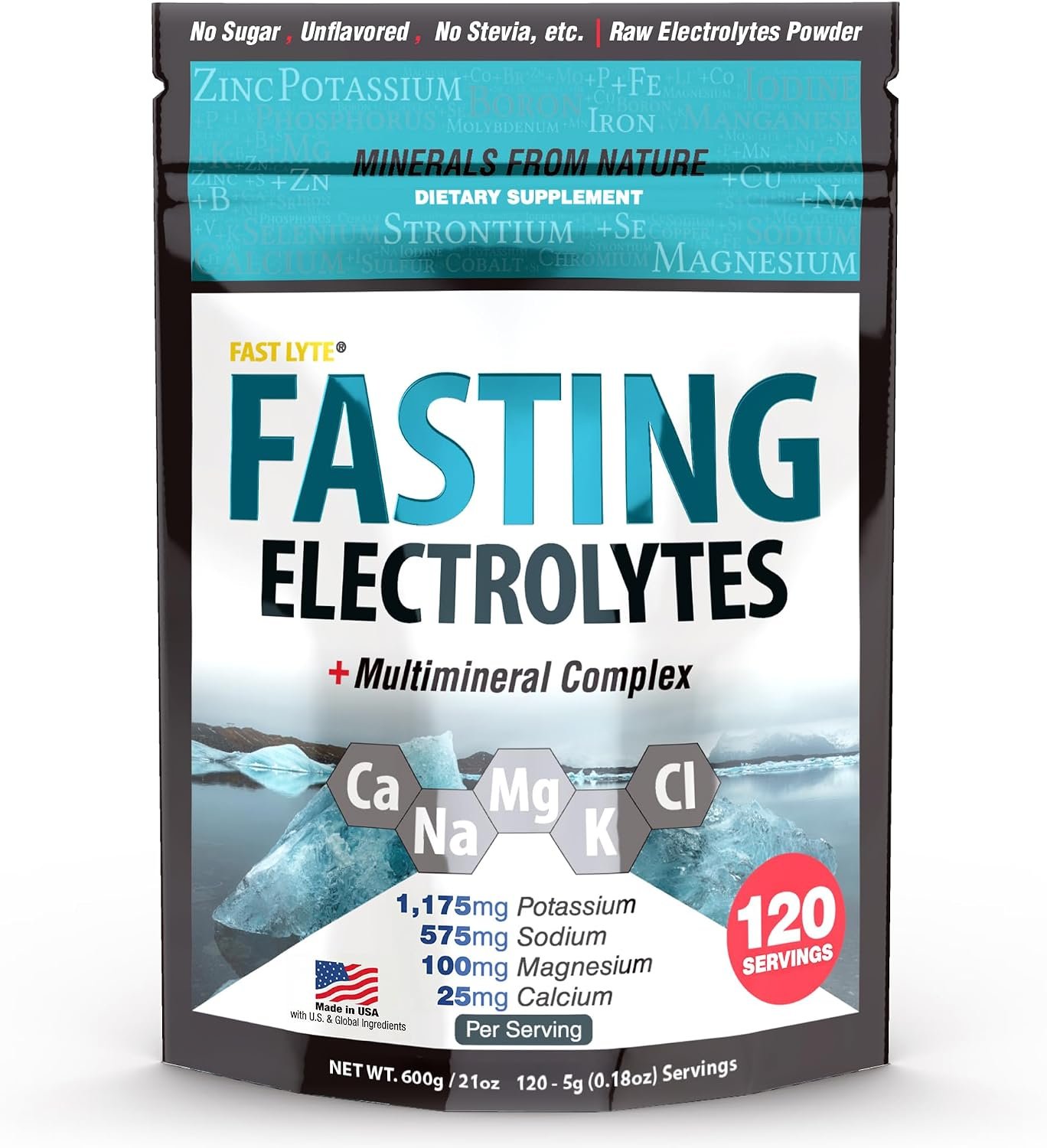 Fast Lyte Fasting Electrolyte Supplement Powder | No Sugar Unflavored Raw Electrolytes | 25% RDI Magnesium and Potassium with Trace Minerals | Carnivore & Keto Friendly | Sugar Free Fasting Salts