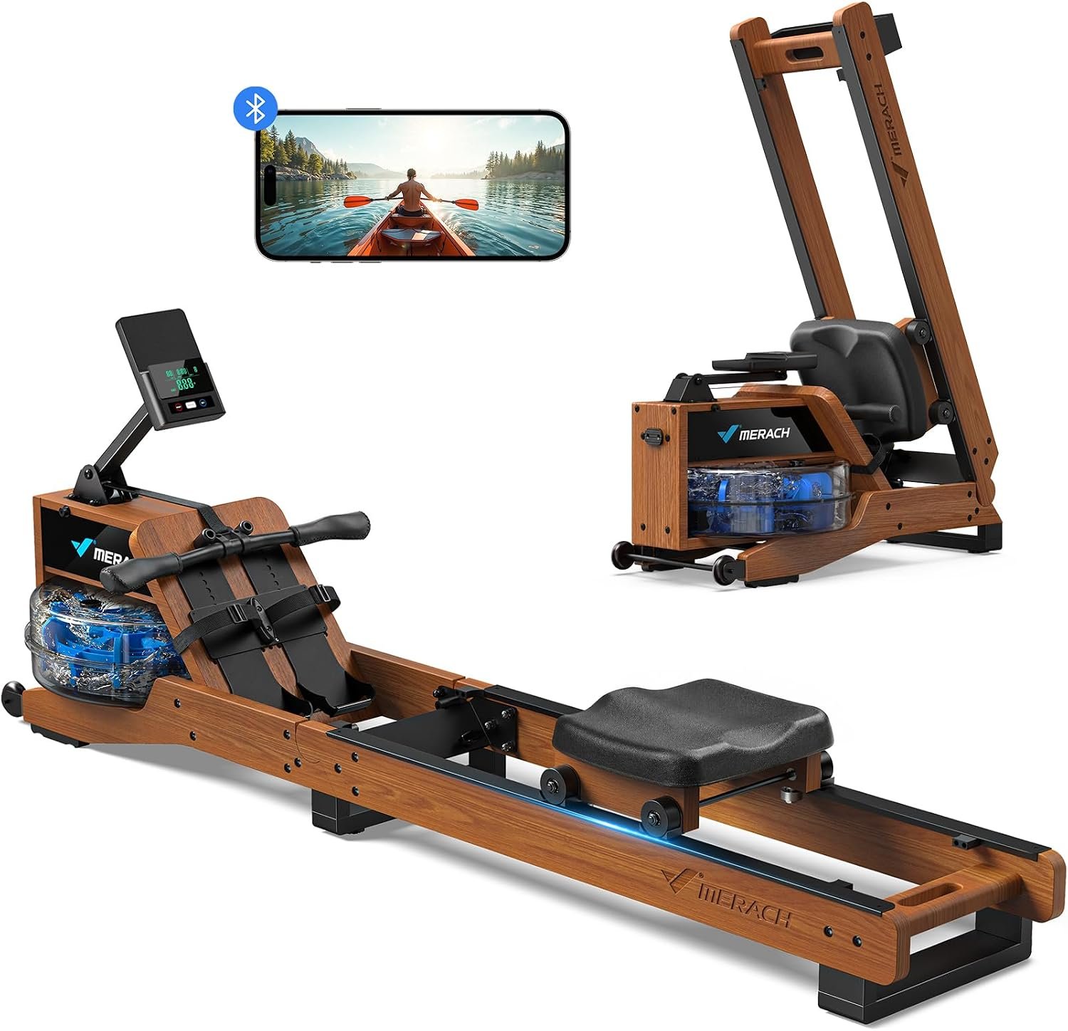 Merach R300 Oak Rowing Machine for Home Use with 15L Large Leak-Proof Tank | 12 Enhanced Resistance Blades, Immersive Wooden Rower, LCD Monitor & Bluetooth, Ergonomic Leather Handle, Multi-App Support