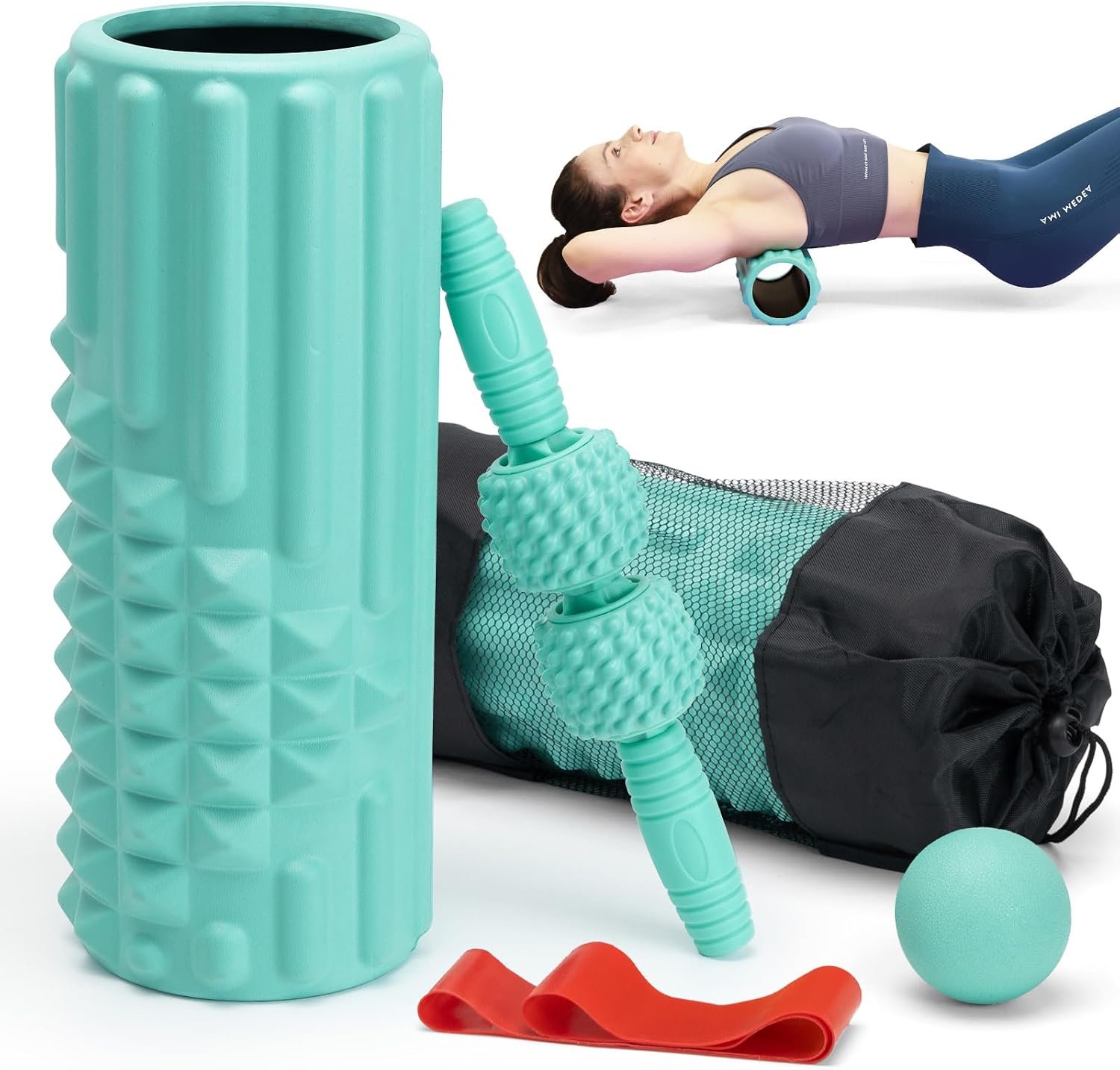 5 in 1 Foam Roller Set, High Density Patented Exercise Roller | Deep Tissue Massage Roller Stick, Massage Ball, Resistance Band for Pilates, Yoga, Whole Body Fitness Exercise,Tiffany Green