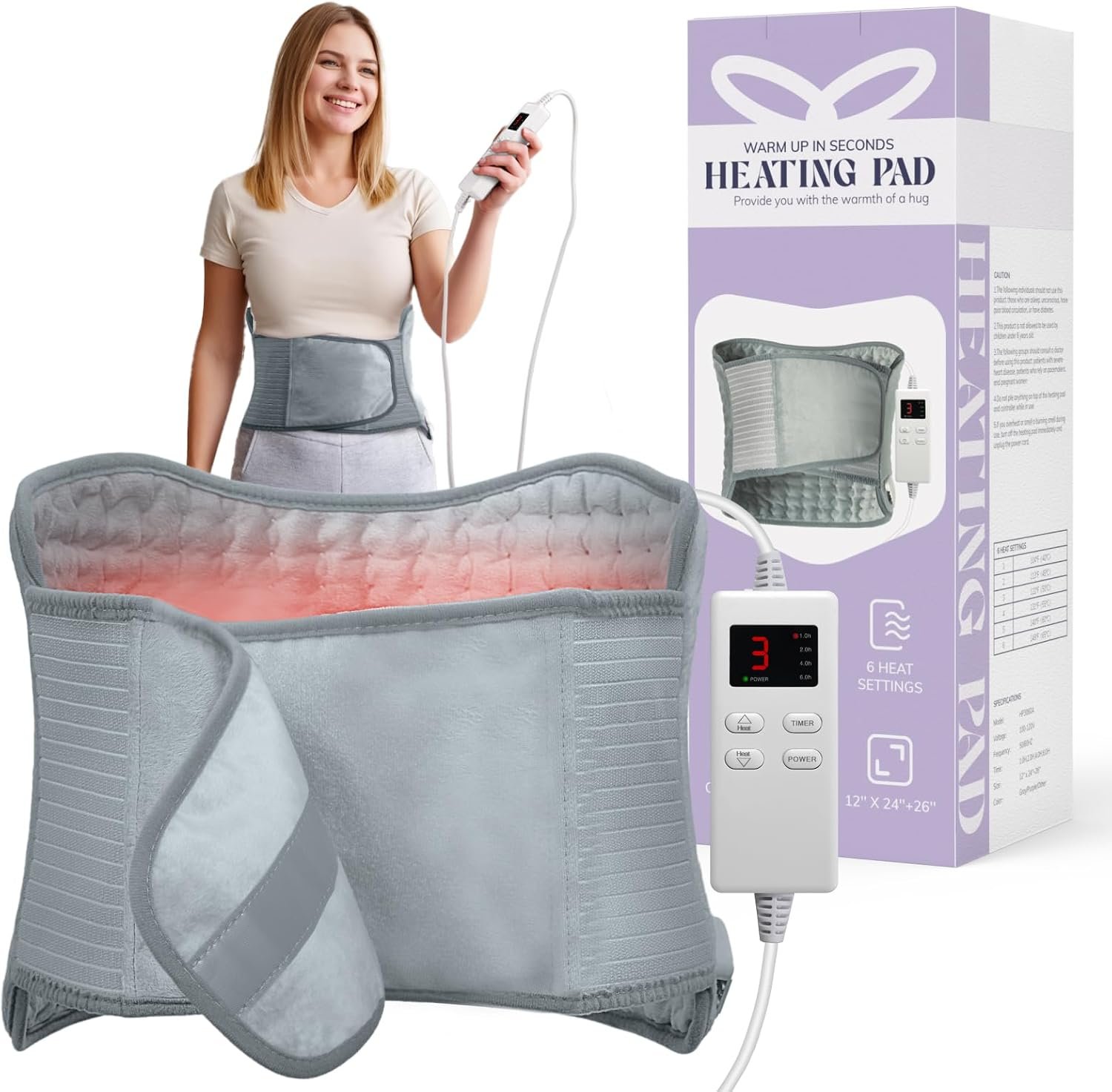 Heating Pad for Back, Upgraded Electric Heating Pad for Low Back Neck Shoulder Pain Relief, 12 x 24+26″ Large Heat Pad with 4 Timer 6 Heat Setting & Auto Shut Off, Christmas Birthday Gifts for Men Dad