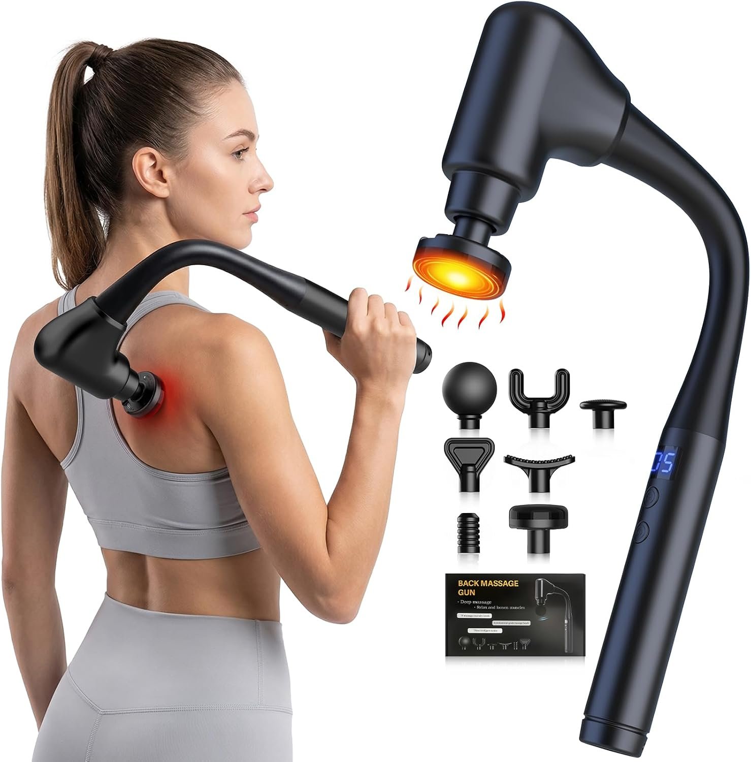AERLANG Massager Gun with Heat Massage Gun with Extension Handle Fathers Day Gift for him Dad Back Massager Deep Tissue Muscle Massager Portable Percussion Massage Gun 10 Speeds& 7 Massage Heads | Back Massager Deep Tissue Muscle Massager Portable Percussion Massage Gun 10 Speeds & 7 Massage Heads Body Carrying Case