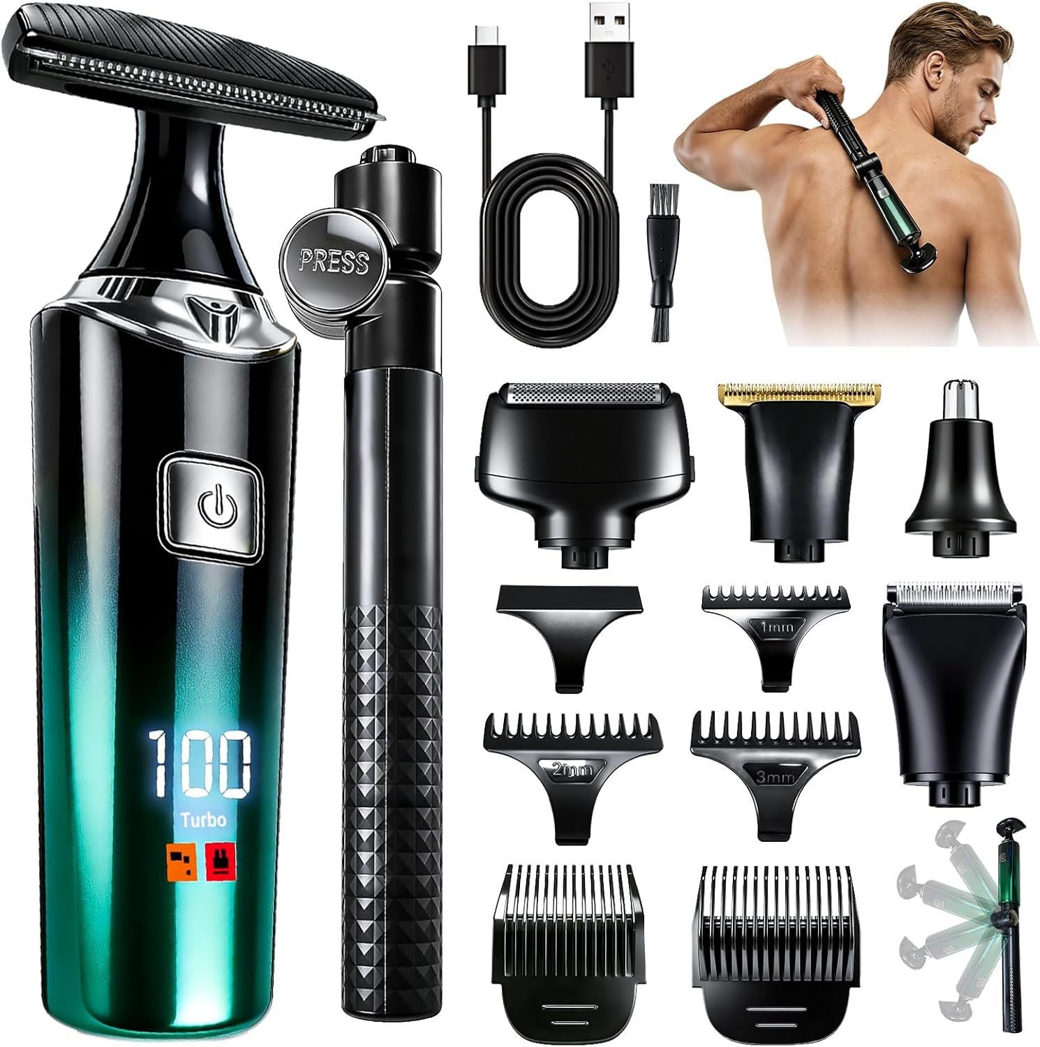 Back Shaver for Men, 5 in 1 Men Back Shaver with Long Handle, Green | LED Display, Back Trimmer for men ,Body Groomers Kit,Waterproof IPX6 Wet/Dry, Rechargeable
